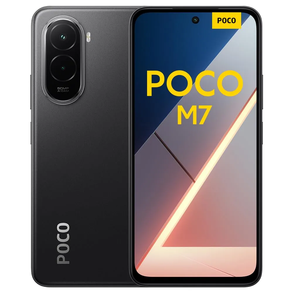 POCO M7, Smartphone 8+256GB, Display FHD+ da 6,9" 144Hz, Snapdragon 685, Doppia fotocamera AI da 50MP, Batteria da 7000mAh, Garanzia di 2 anni, Nero, Caricabatterie non incluso