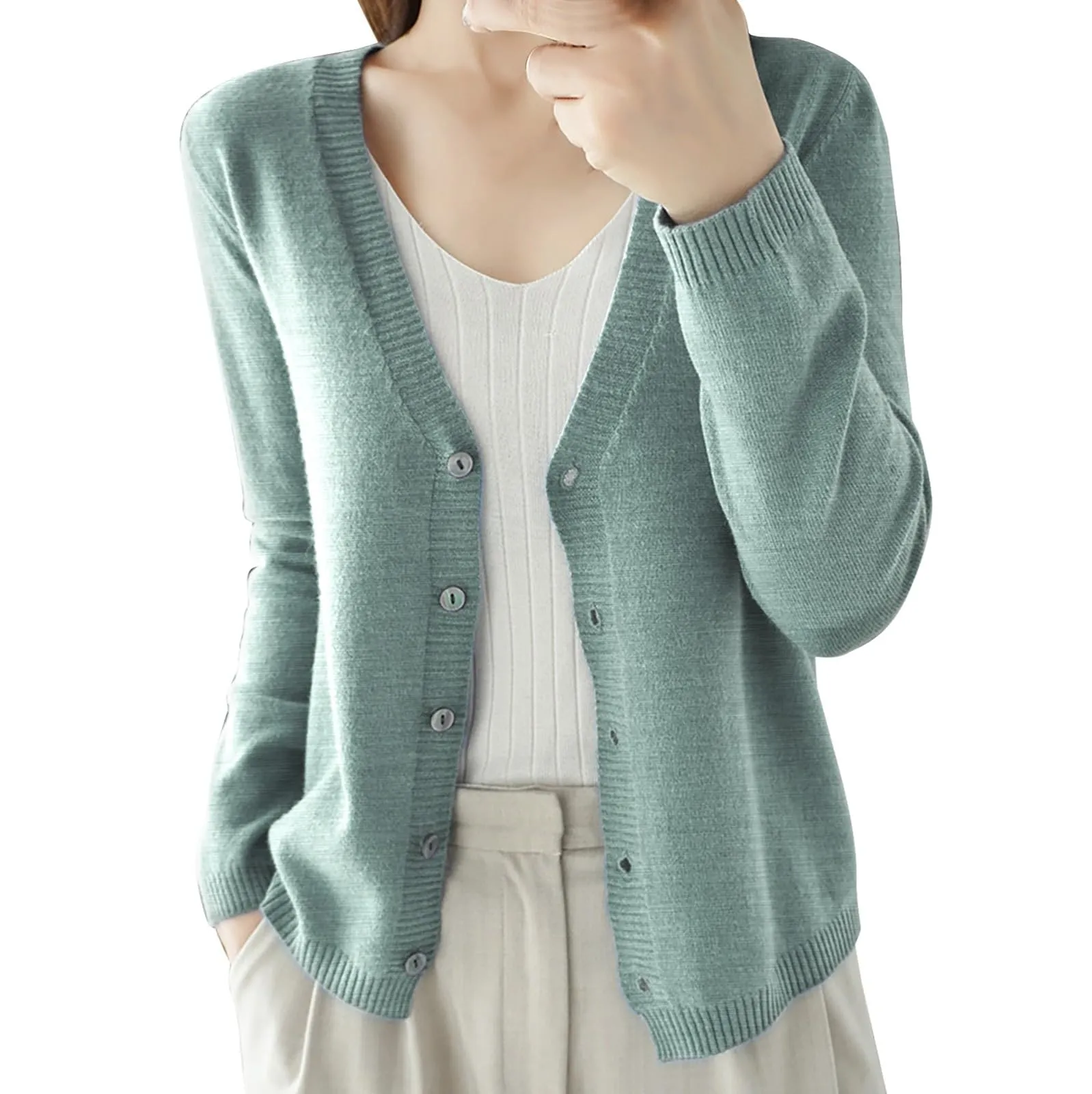 Maglione da donna UK, cardigan da donna grosso con bottoni, a maniche lunghe, aperto sul davanti, tinta unita, cardigan a tinta unita, con scollo a V, caldo, lavorato a maglia, morbido, invernale,