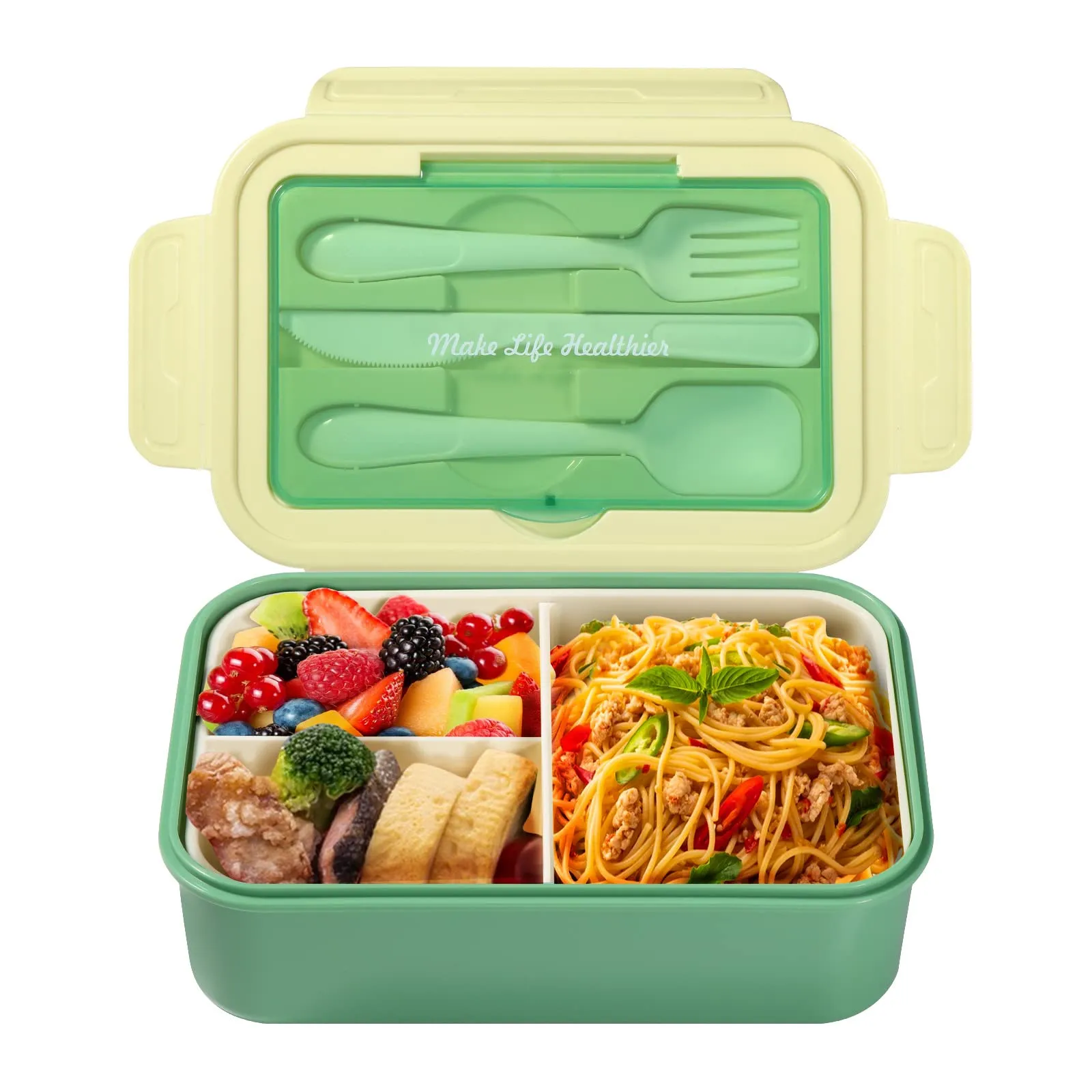 Diboniur Porta Pranzo, 1400ml Lunch Box con Posate, Schiscetta Pranzo Bambino Adulto Bento Box con 3 Scomparti, Schiscetta Contenitore Ermetico per Microonde Ufficio Lavoro Picnic (Verde)