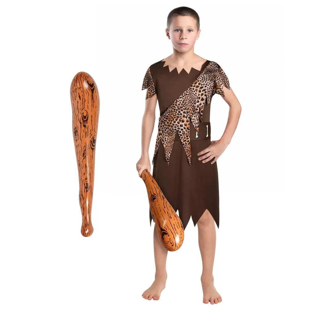 AYBUY Costume da uomo delle caverne per bambini, costume a tema età della pietra, vestito marrone scuro, cintura