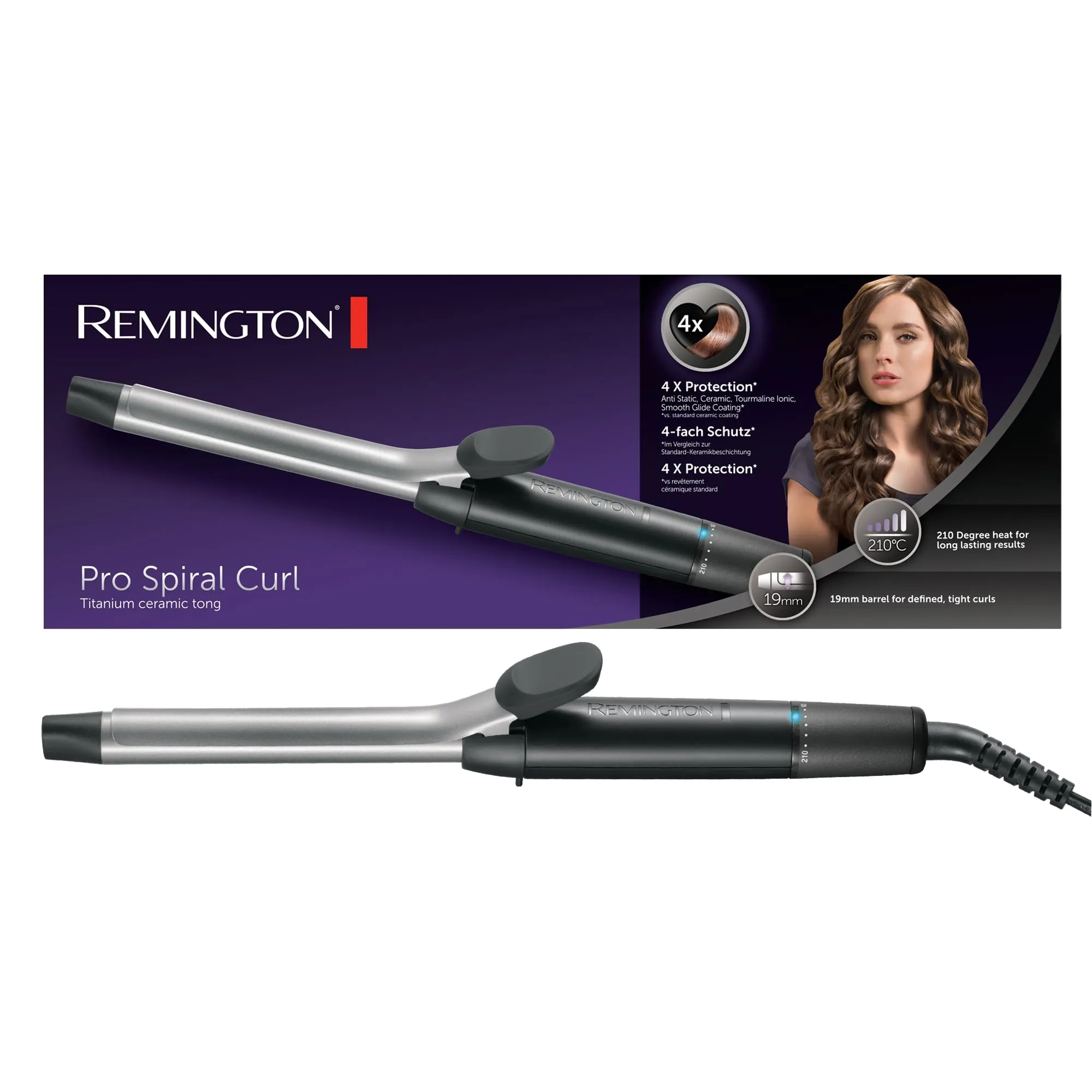 Remington Ferro Arricciacapelli - Per riccioli piccoli 19 mm- Protezione 4X , Rivestimento in tormalina ceramica, Display digitale fino a 210°C, boccoli stretti e definiti, Pro Sprial Curl CI5519