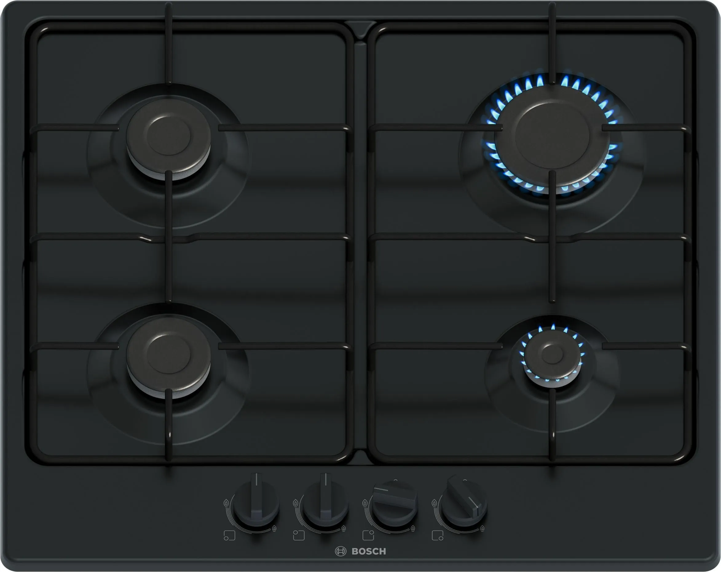 Bosch PGP6B6K80 Serie 4, Piano cottura a gas, Manopole a ponticello: controllo ergonomico, 4 fuochi, Nero, 60 cm