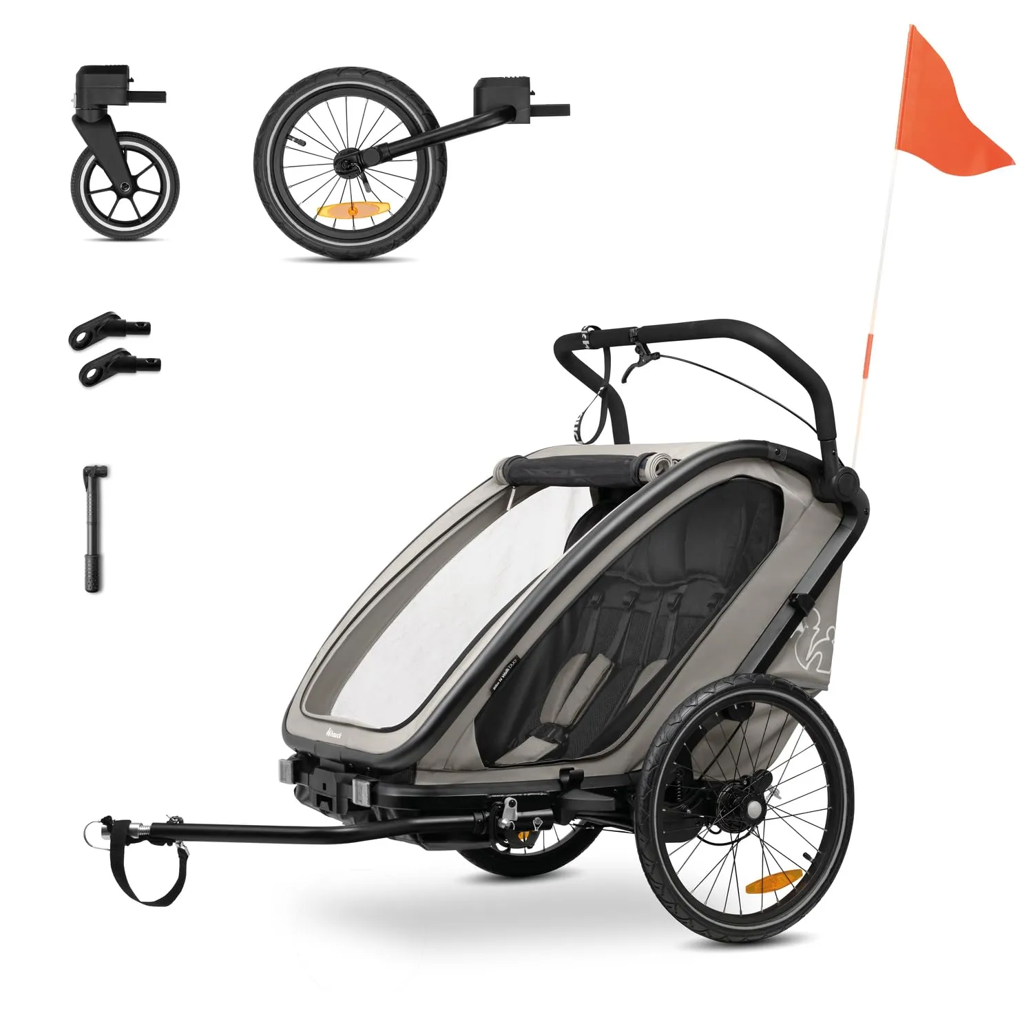 hauck Bike N Walk Duo, Light Grey - 3in1 Rimorchio Bici Bambini 2 Posti 6 Mesi a 22 kg / 120 cm - Set Completo con Accessori - Ruota Passeggino, Freno a Mano, Sospensioni, Schienali Reclinabili