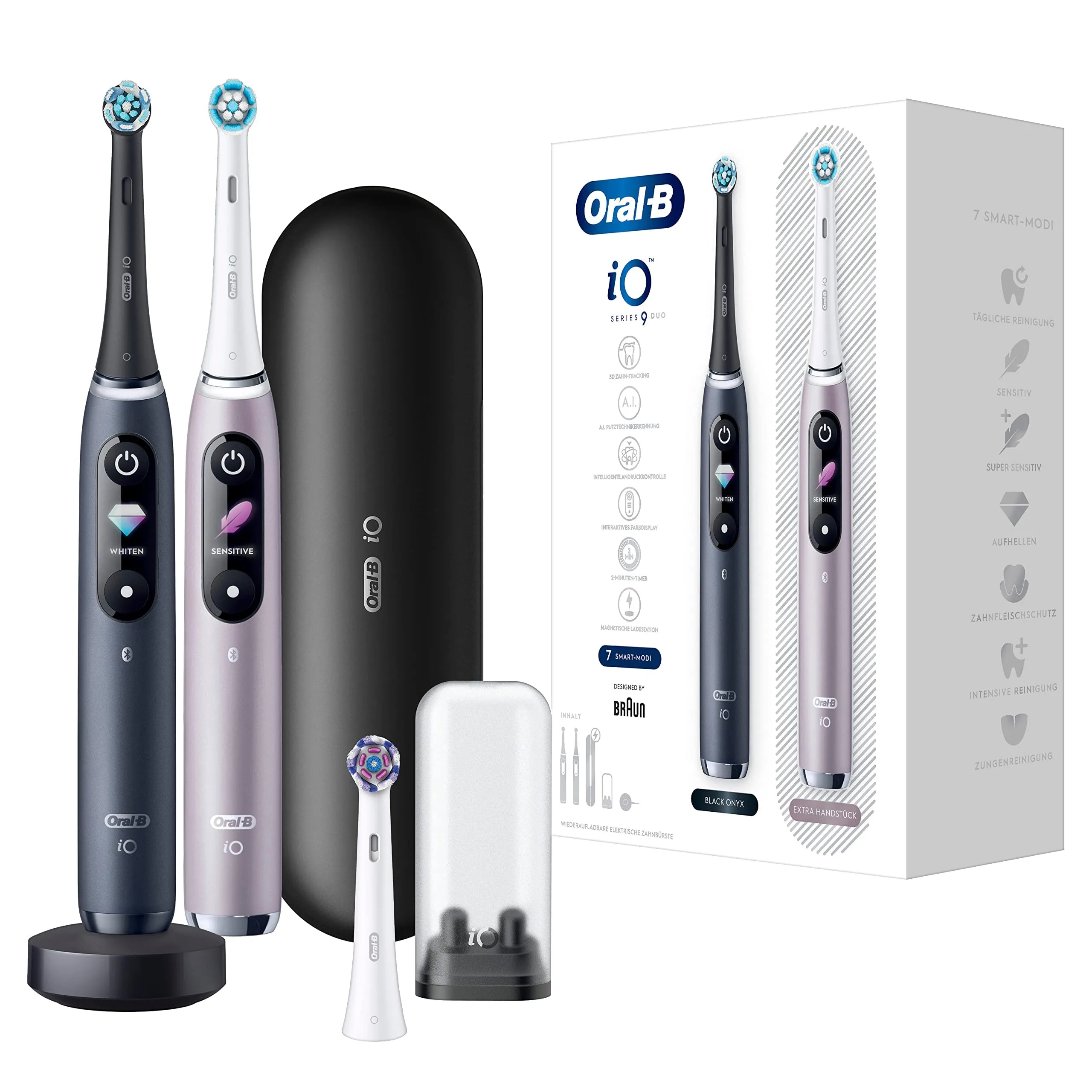 Oral-B iO Series 9 - Spazzolino elettrico per spazzolino elettrico, confezione doppia e 3 testine di ricambio, 7 modalità di pulizia, tecnologia magnetica e analisi 3D, display a colori, custodia di