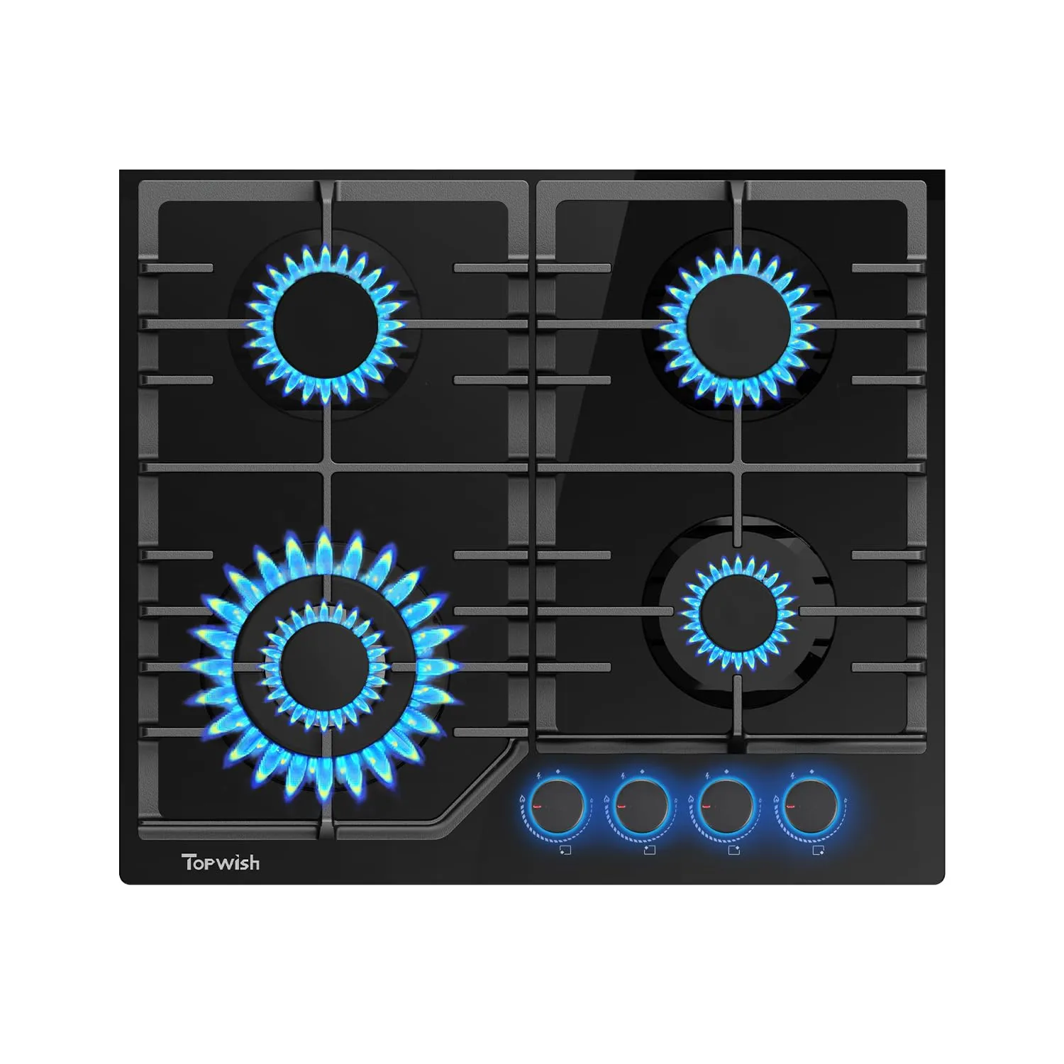 TOPWISH piano cottura gas incasso, piano cottura 4 fuochi gas, con Blu manopole illuminate, NG/LPG convertibile, protezione flame-out, accensione elettronica, 8000 Watt