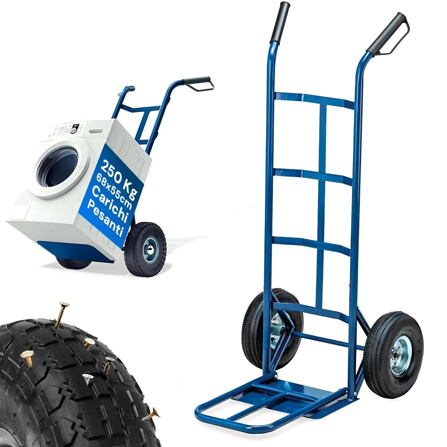 Carrello Portapacchi Pieghevole con Ruote Pneumatiche – Carrello con Ruote Portatutto per Scale e Trasporto Carichi Pesanti fino a 250kg – Struttura in Metallo 68x55x116cm BLU
