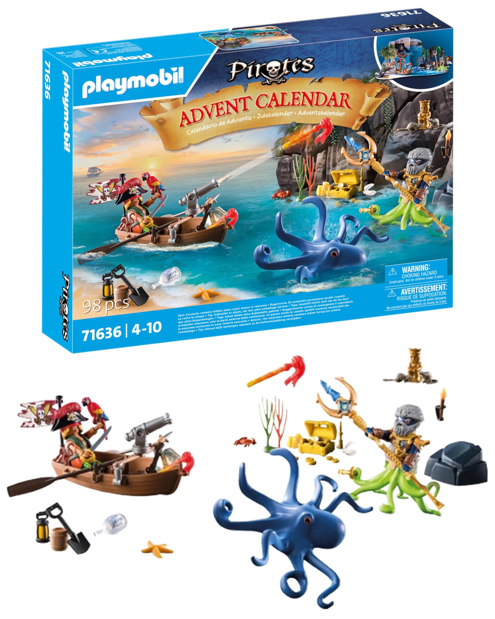 PLAYMOBIL Pirates 71636 Calendario dell'Avvento: Pirati, 24 sorprese, tra cui due personaggi, un gigantesco polpo e accessori, giocattolo per bambini dai 4 anni in su