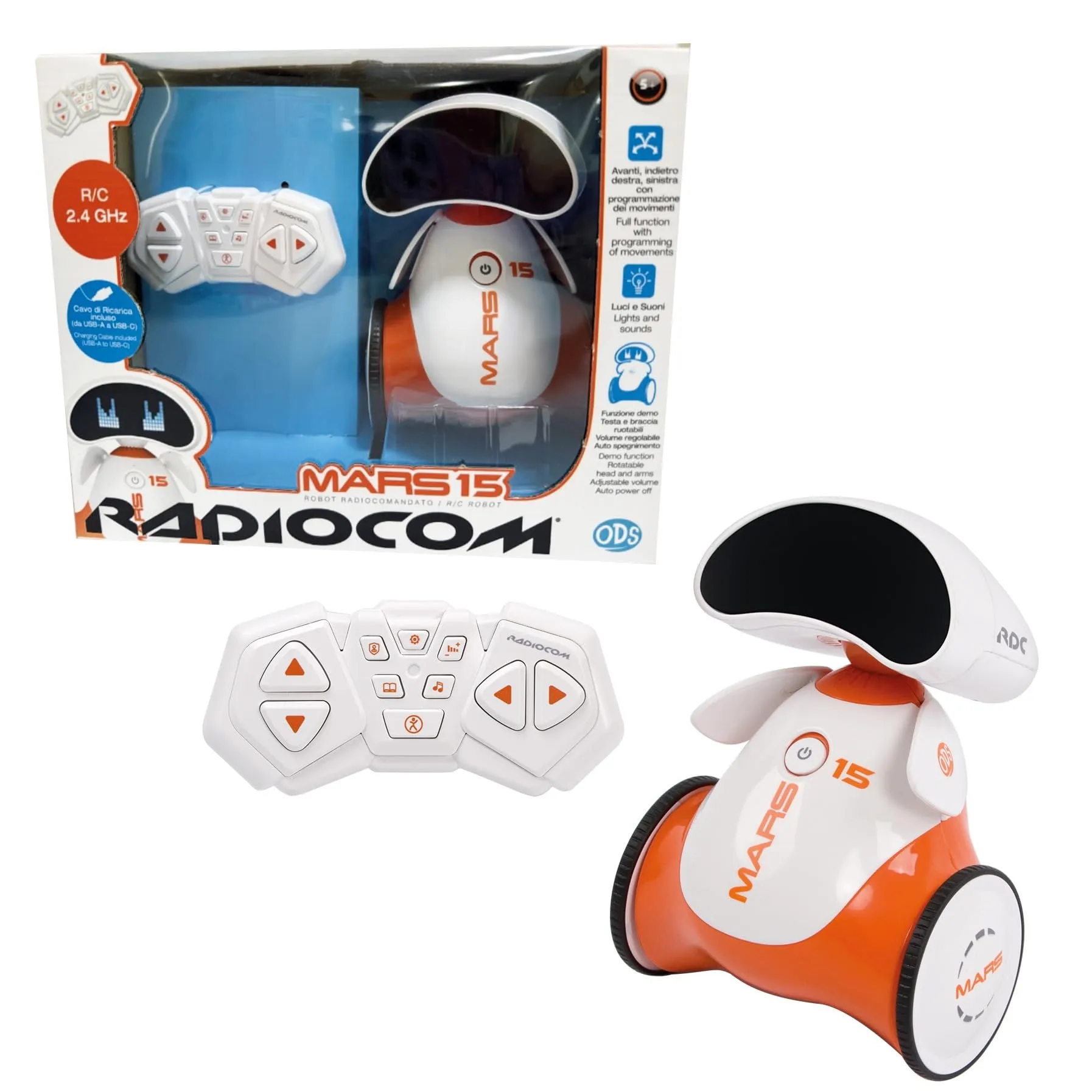Radiocom - Mars 15 Robot RC 2.4 Ghz, Funzioni: avanti/indietro, gira a destra/sinistra, luci e suoni programmabile, funzione demo testa e braccia ruotabili volume regolabile auto spegnimento