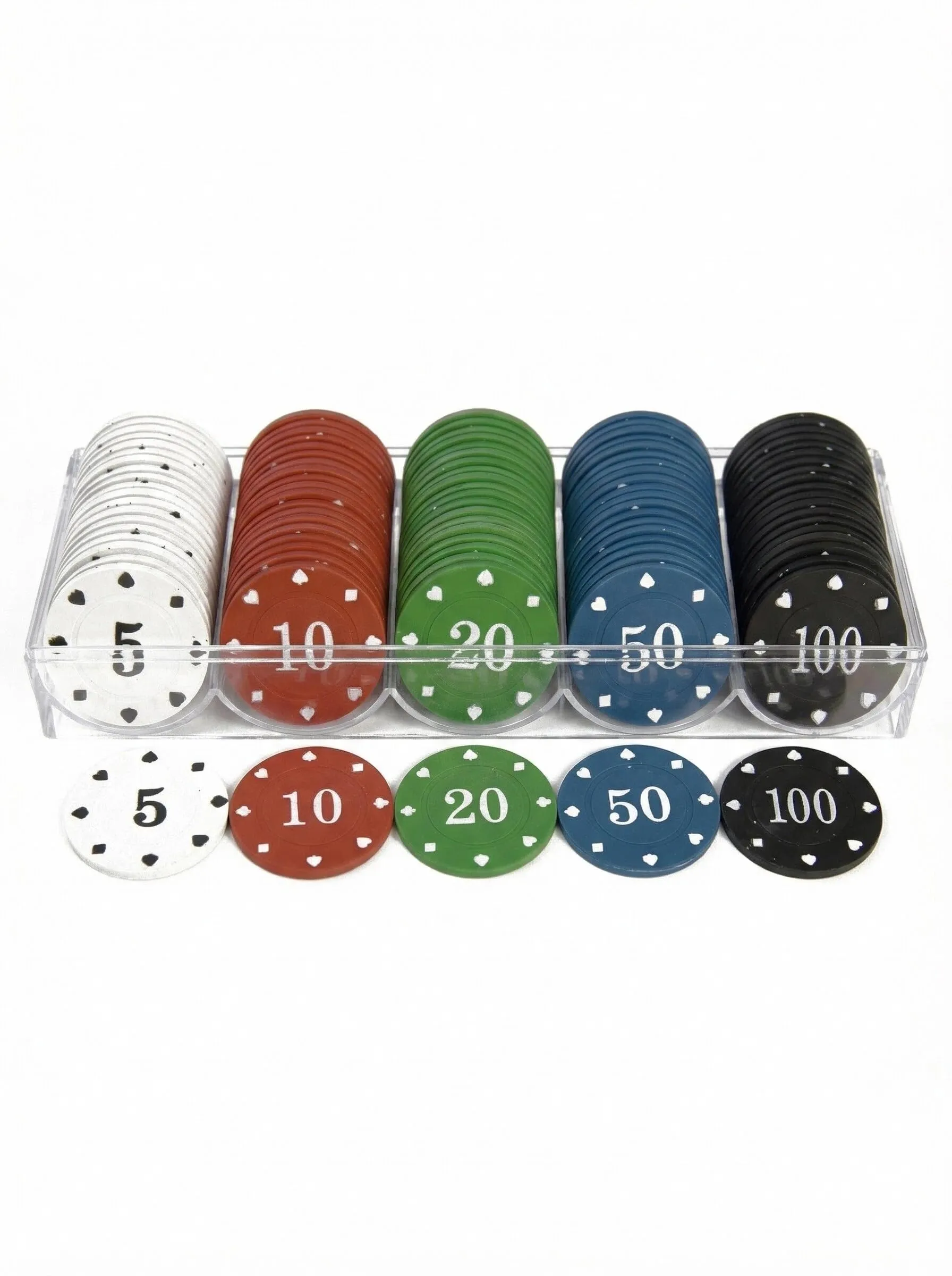 YIMINGOUFEI Set di fiches da poker con 100 pezzi, qualità da casinò, fiches più farbige (5-10-20-50-100), con scatola di riserva