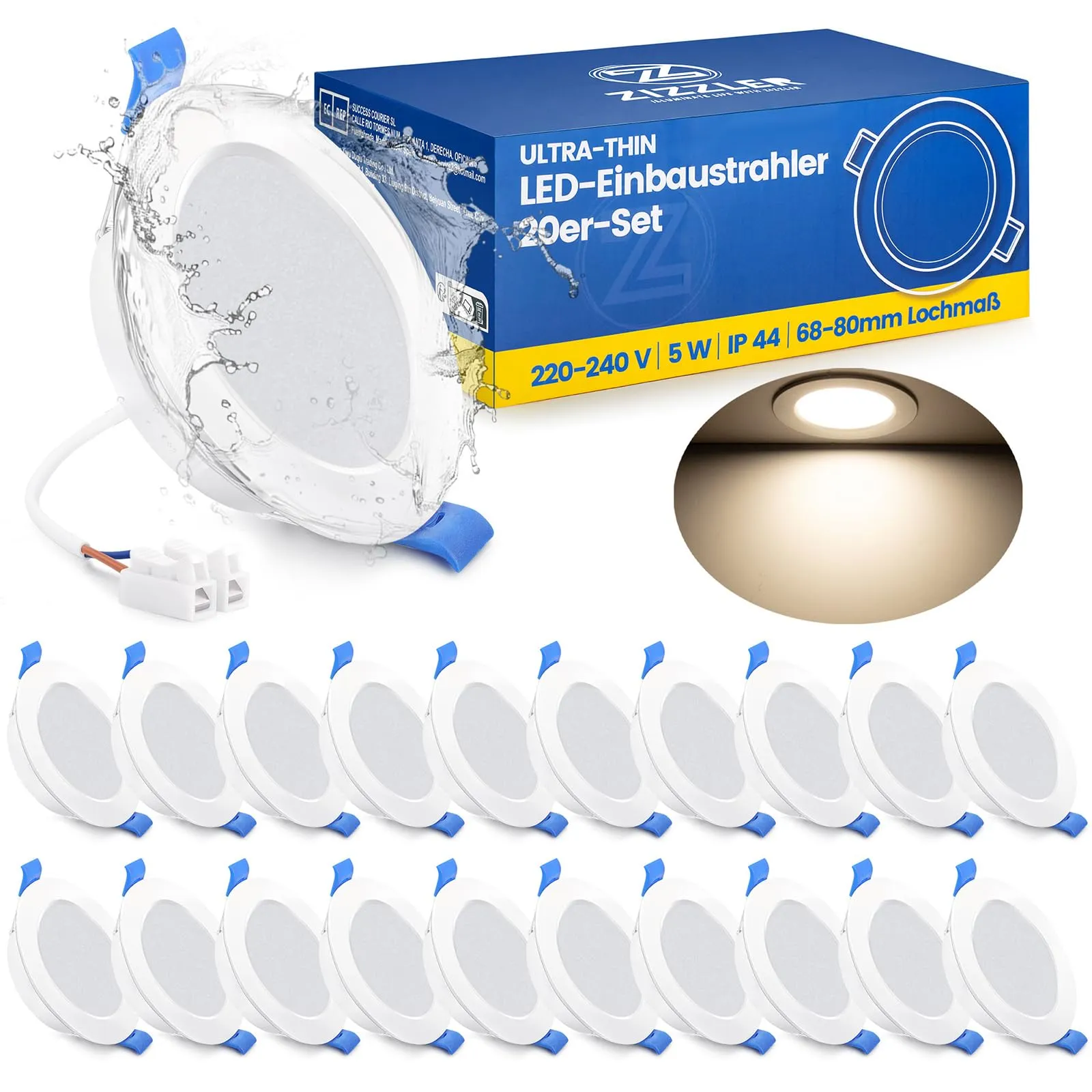 ZIZZLER 20 Faretti LED da Incasso per Cartongesso 220V, 4000K Luce Naturale, Foro 68mm - 80mm, 5W IP44 Luci Soffitto Interno Ultra Slim, per Bagno, Cucina