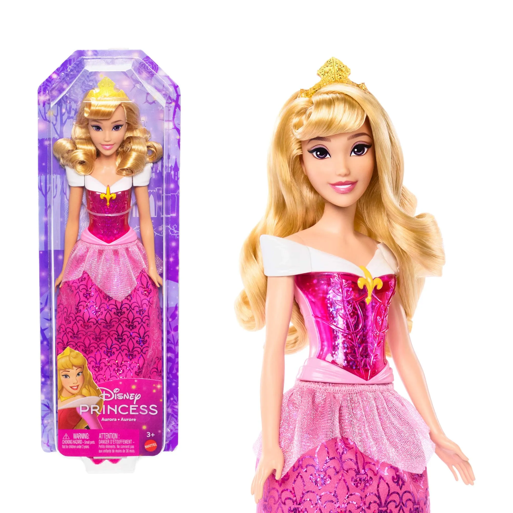 Mattel Disney Princess, Aurora bambola con capi e accessori scintillanti ispirati al film, Giocattolo per Bambini 3+ Anni, HLW09