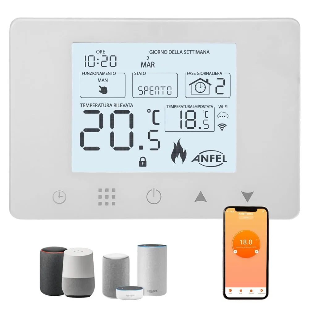 CRONOTERMOSTATO WIFI PROGRAMMABILE SMARTPHONE APP ALEXA TERMOSTATO CALDAIA DA PARETE O BOX 503 DISPLAY IN ITALIANO ALIMENTAZIONE 90-240 Vac DOPPIA FUNZIONE RISCALDAMENTO/CONDIZIONAMENTO