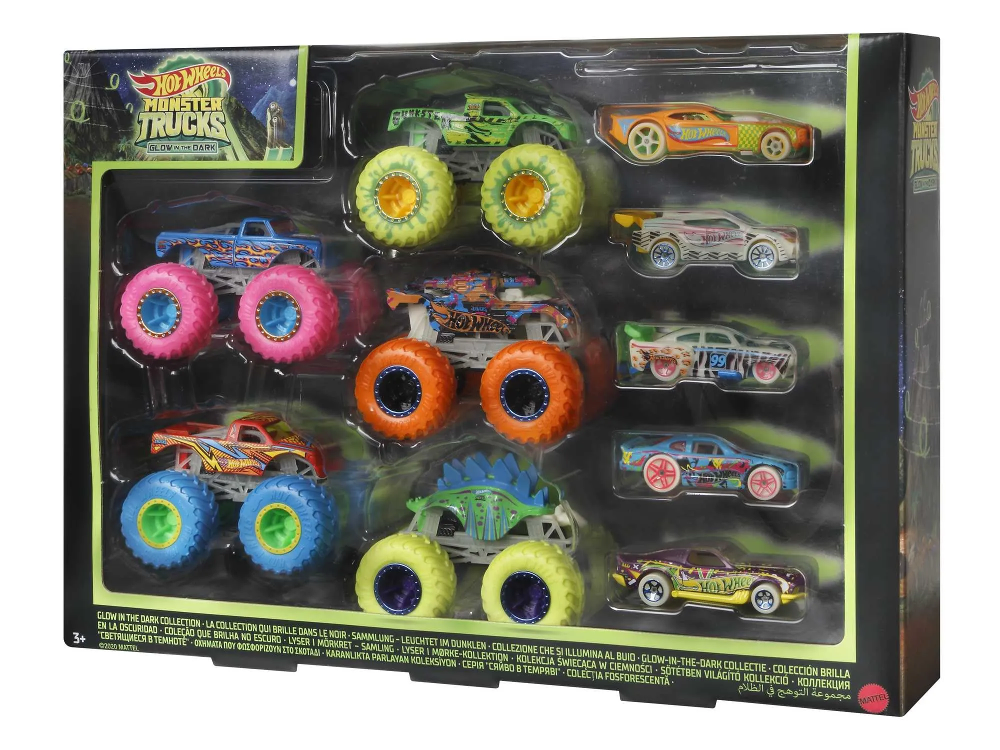 Hot Wheels - Monster Trucks Fluo Set con 10 Veicoli, 5 Monster Trucks e 5 Macchinine in Scala 1:64 che si Illuminano al Buio, Giocattolo per Bambini 3+ Anni, HCB57