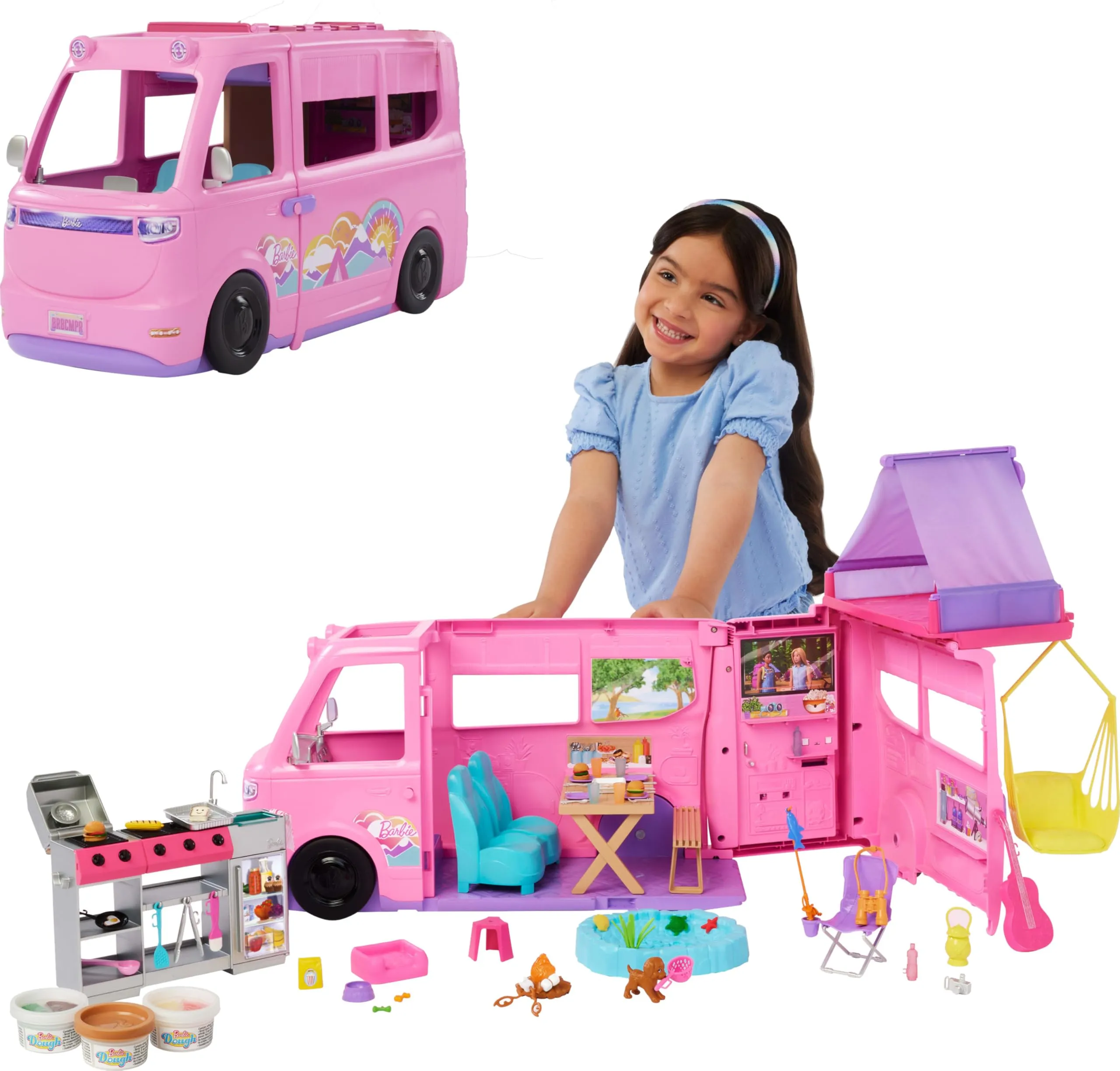 Barbie - Camper dei Sogni, Veicolo con Oltre 60 Accessori e Pasta modellabile, Effetto Cambia Colore, Include Tenda sul Tetto e Altalena, Giocattolo per Bambini, 3+ Anni, HRJ78