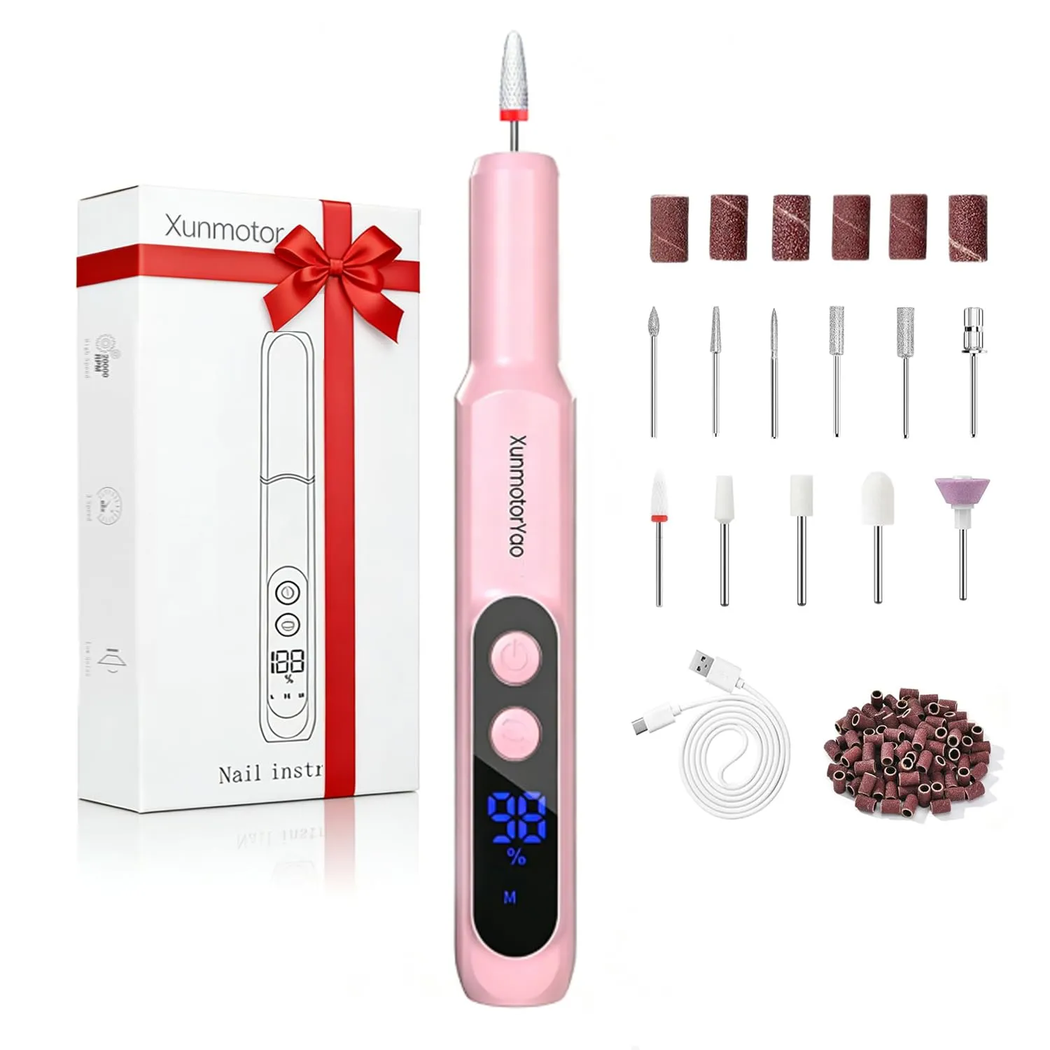 XunmotorYao Fresa per Unghie Professionale Intelligente Led Portatile Manicure e Pedicure Elettrico Unghie Portatile Fresa Trapano Chiodo per Casa e Salone Set,Rosa