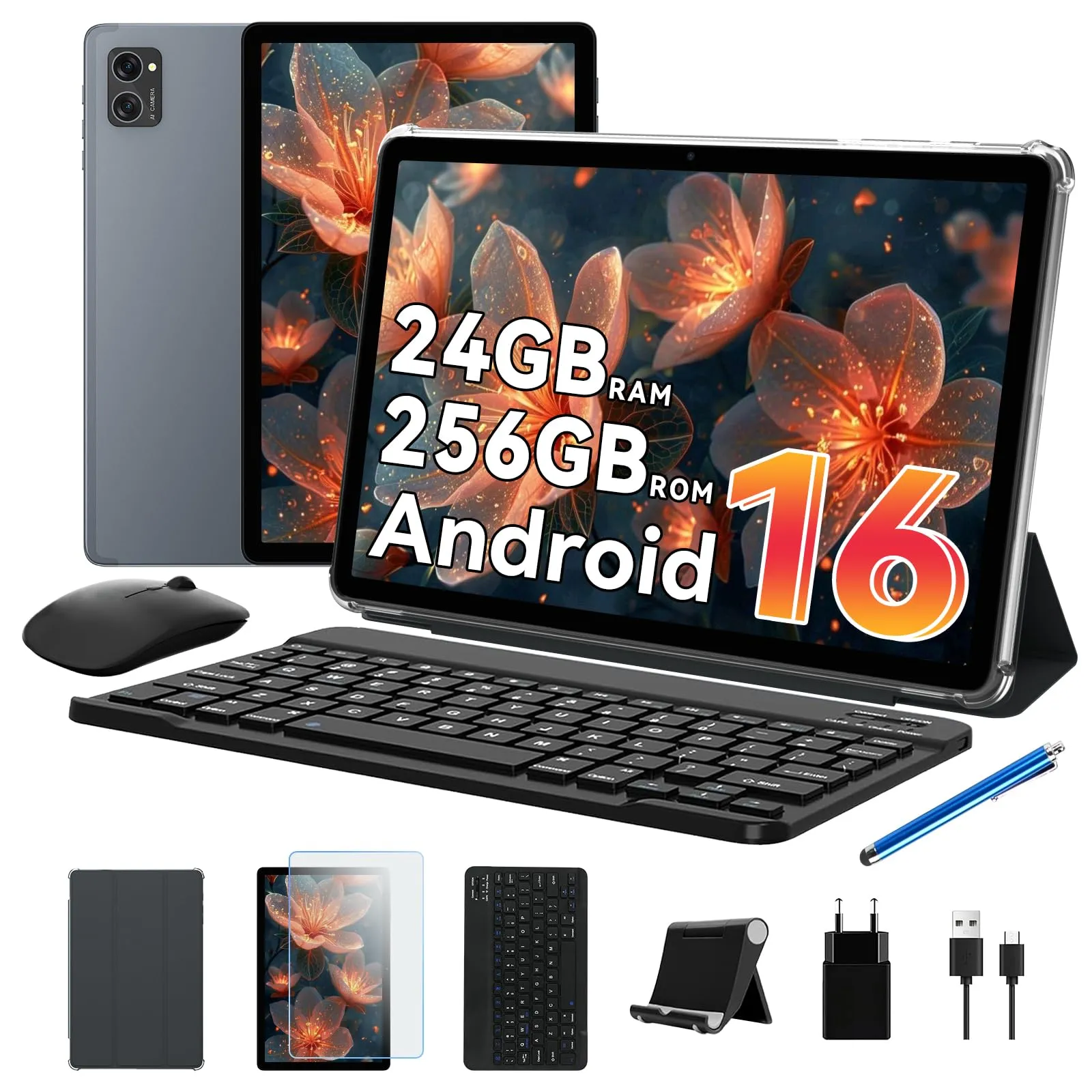 TABWEE Tablet con Tastiera - 24 GB RAM+ 256 GB ROM(4 TB TF), Octa-Core, Android 15, Gemini AI, Tablet 10 Pollici, Widevine L1, 5000 mAh, 8 MP+5 MP, Face ID, 3.5 mm Jack Port (2 Anni Garanzia)