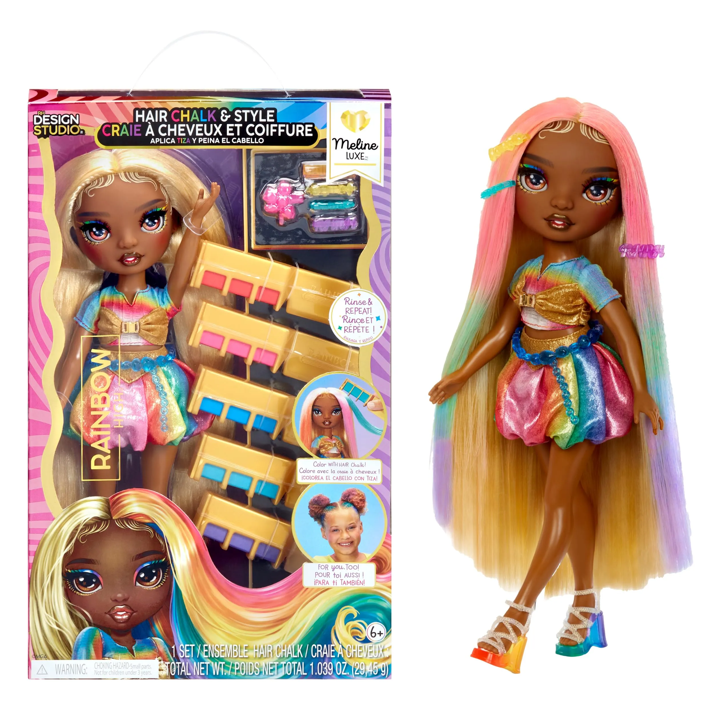 RAINBOW High Bambola Hair Chalk & Style - Meline - Bambola Arcobaleno e oro da 28 cm, Gesso per Capelli Lavabile, Colora, Acconcia, Gioca, Risciacqua e Ripeti, età 4-12+