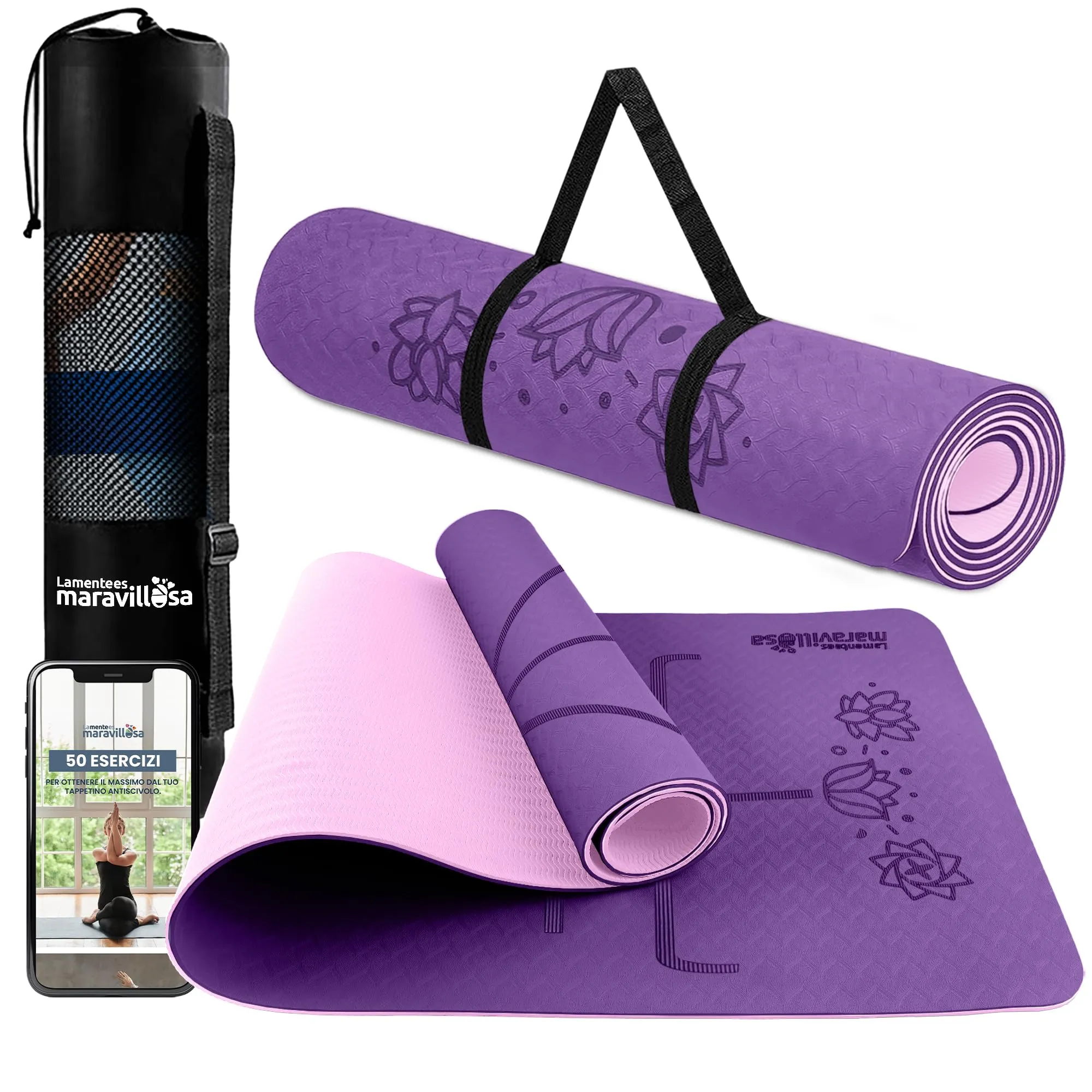 LA MENTE ES MARAVILLOSA - Tappetino per Yoga, Pilates, Fitness o Altri Sport, Tappetino Antiscivolo in TPE con Borsa a Tracolla, Tappetino da Allenamento 183 x 61 cm (Fiori, Viola/Rosa)