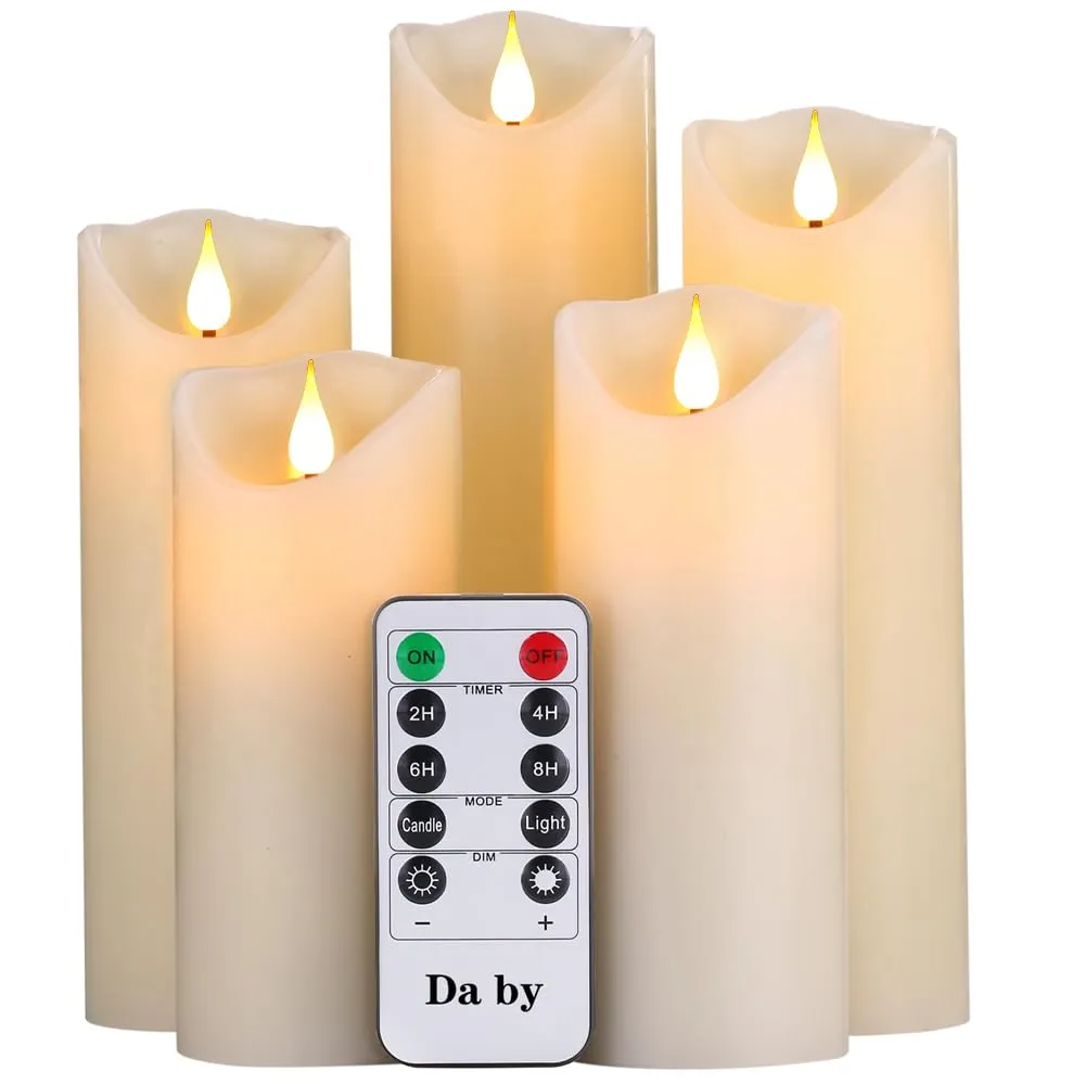 Candele LED di Da by, set di 5 Fiamma LED lampeggiante (14 cm, 15 cm, 16 cm, 18 cm, 20 cm), 300 ore di candele senza fiamma con telecomando a 10 tasti.[Classe di efficienza energetica A]