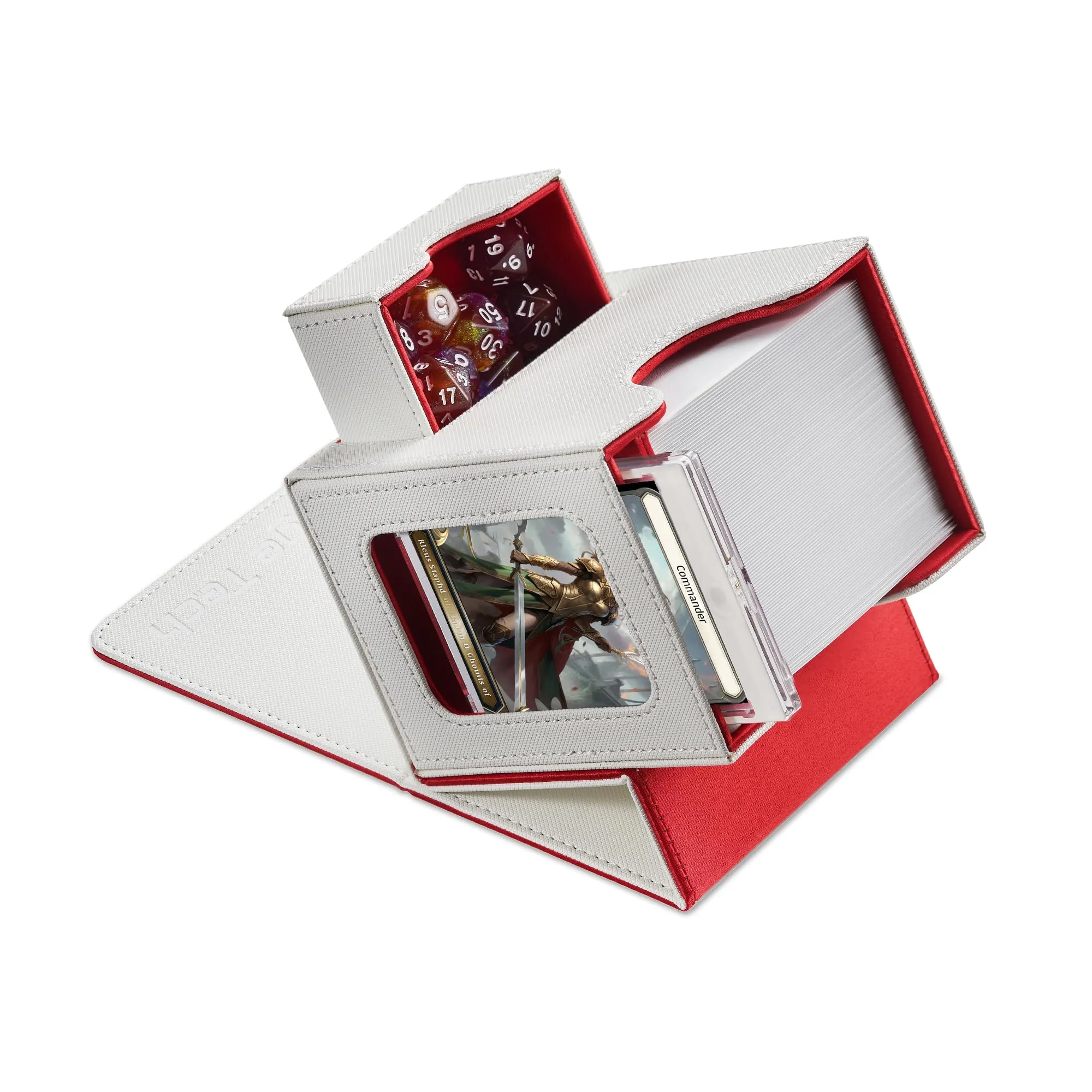 Mage Tech Commander Deck Box per MTG - Design Brevettato, Vetrina Commander, Adatta a 100 Carte Double-Sleeve, Porta Carte Magnetico da 35pt & Vassoio per Dadi - Bianco/Rosso