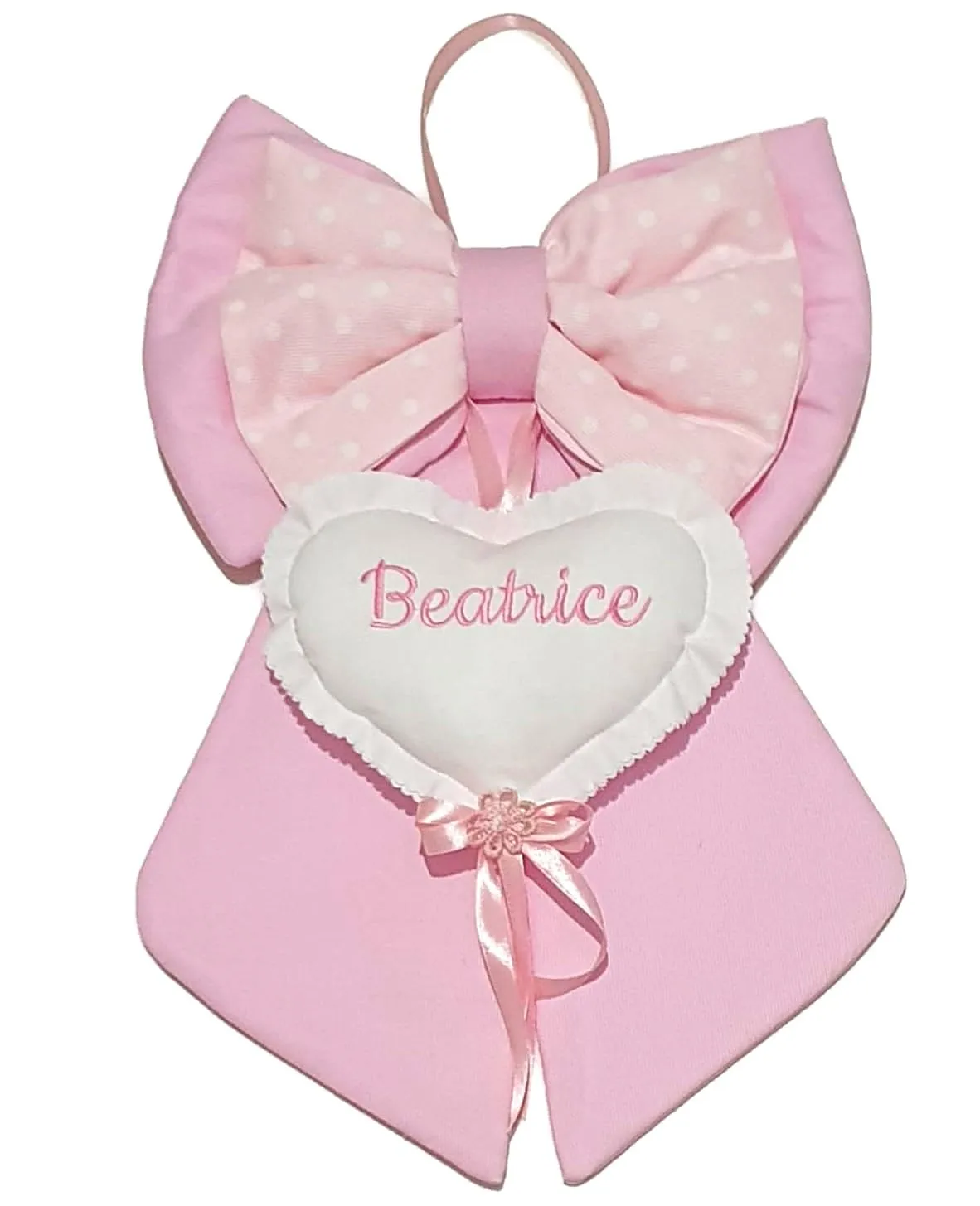 ZAIRISE - Fiocco Nascita Bimbo/Bimba con nome personalizzato sul cuore, rosa e azzurro. (Rosa-Pois-Rosa)