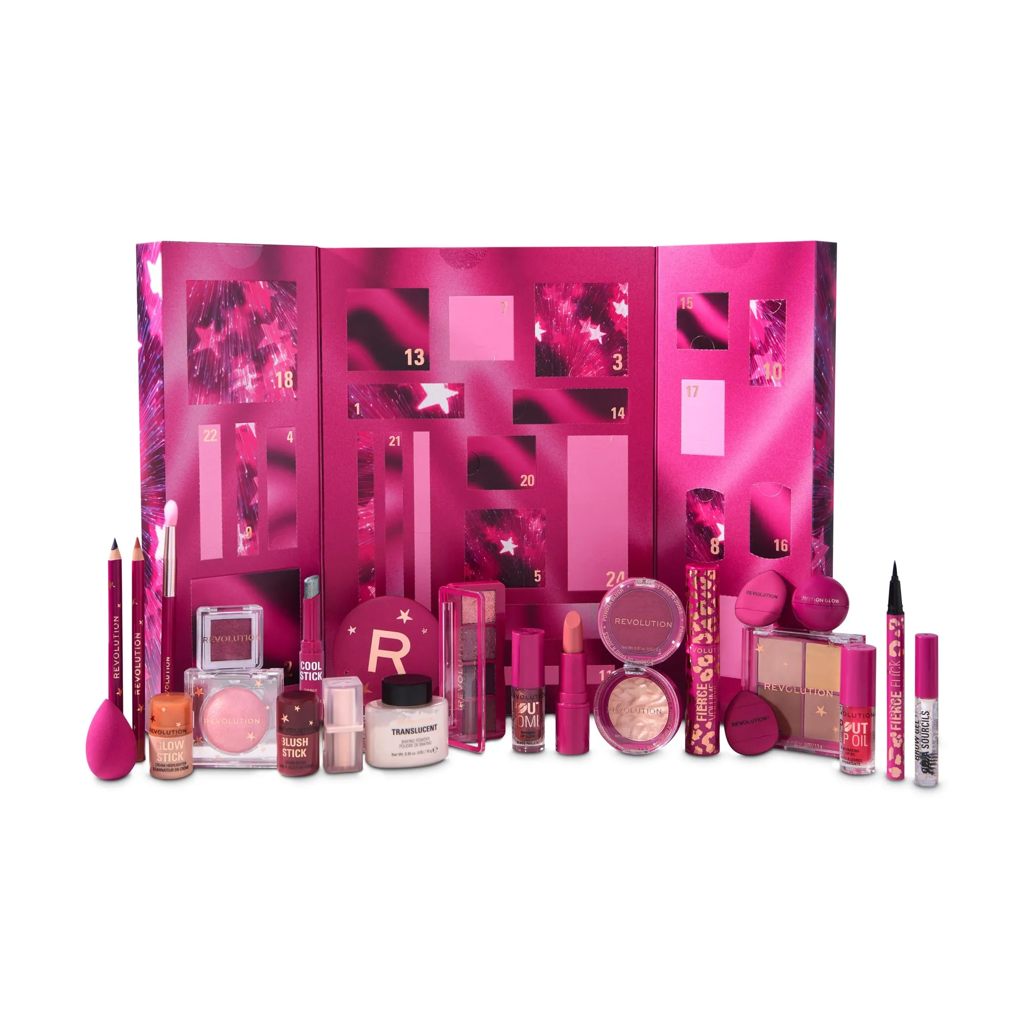 Revolution Makeup Advent Calendar 2025, 24 prodotti essenziali, cofanetto regalo con gloss, illuminante, blush, pennelli e mascara, Vegan & Cruelty-Free