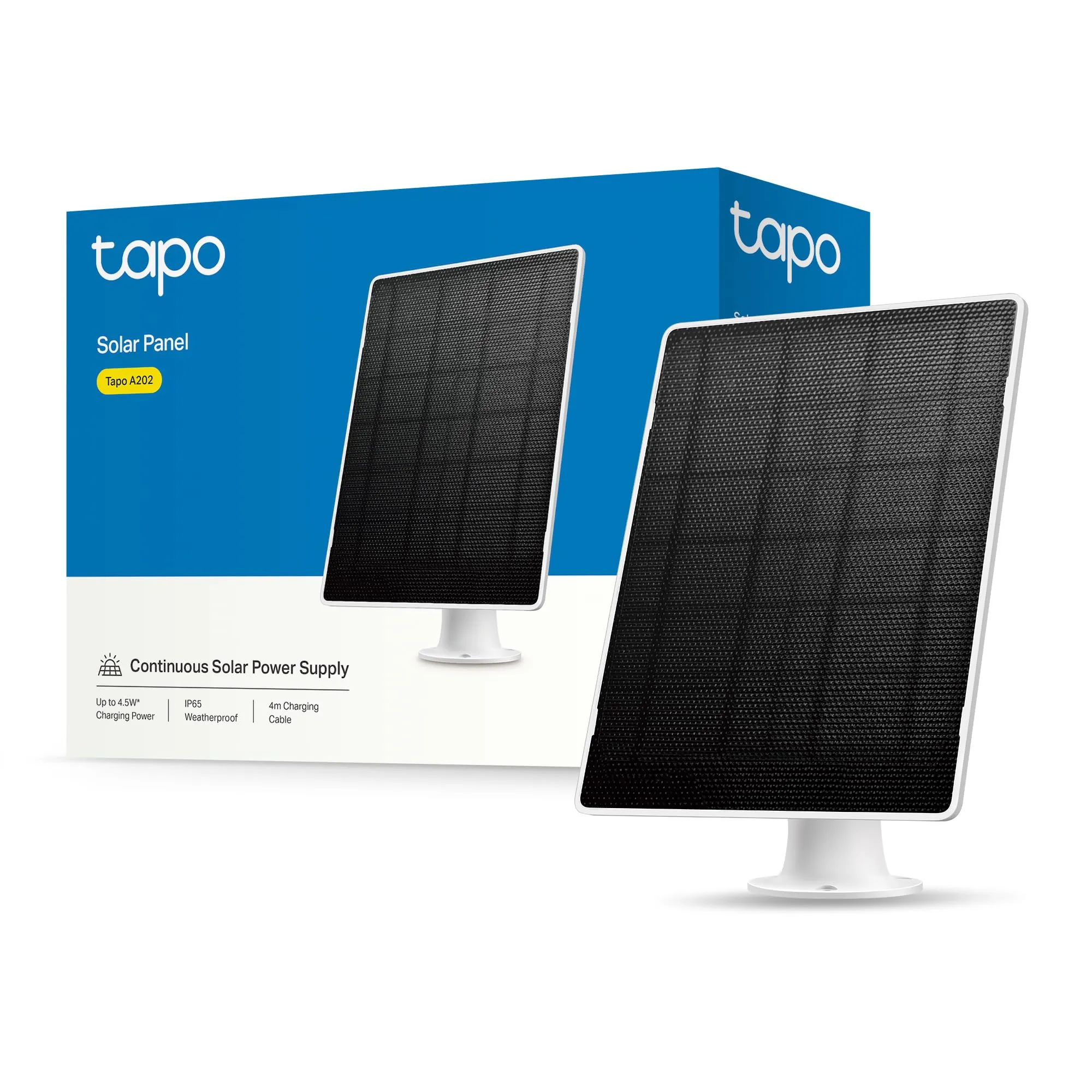 Tapo A202 Pannello Solare 4.5W, 5.2V, Adatto a Telecamera Tapo a Batteria, Installazione Flessibile, Ricarica ad Alta Efficienza, IP65, Regolabile a 360°, Cavo di Ricarica di 4m