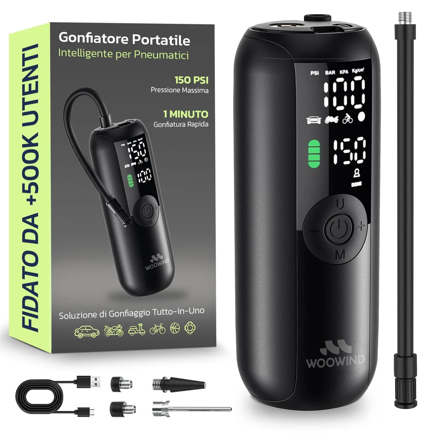 Woowind LP1 Compressore Aria Portatile, Pompa Per Bicicletta Elettrica, 150psi, Gonfia Gomme Auto, Mini Compressore Portatile, Spegnimento Automatico per Auto, Moto, Biciclette e Palloni