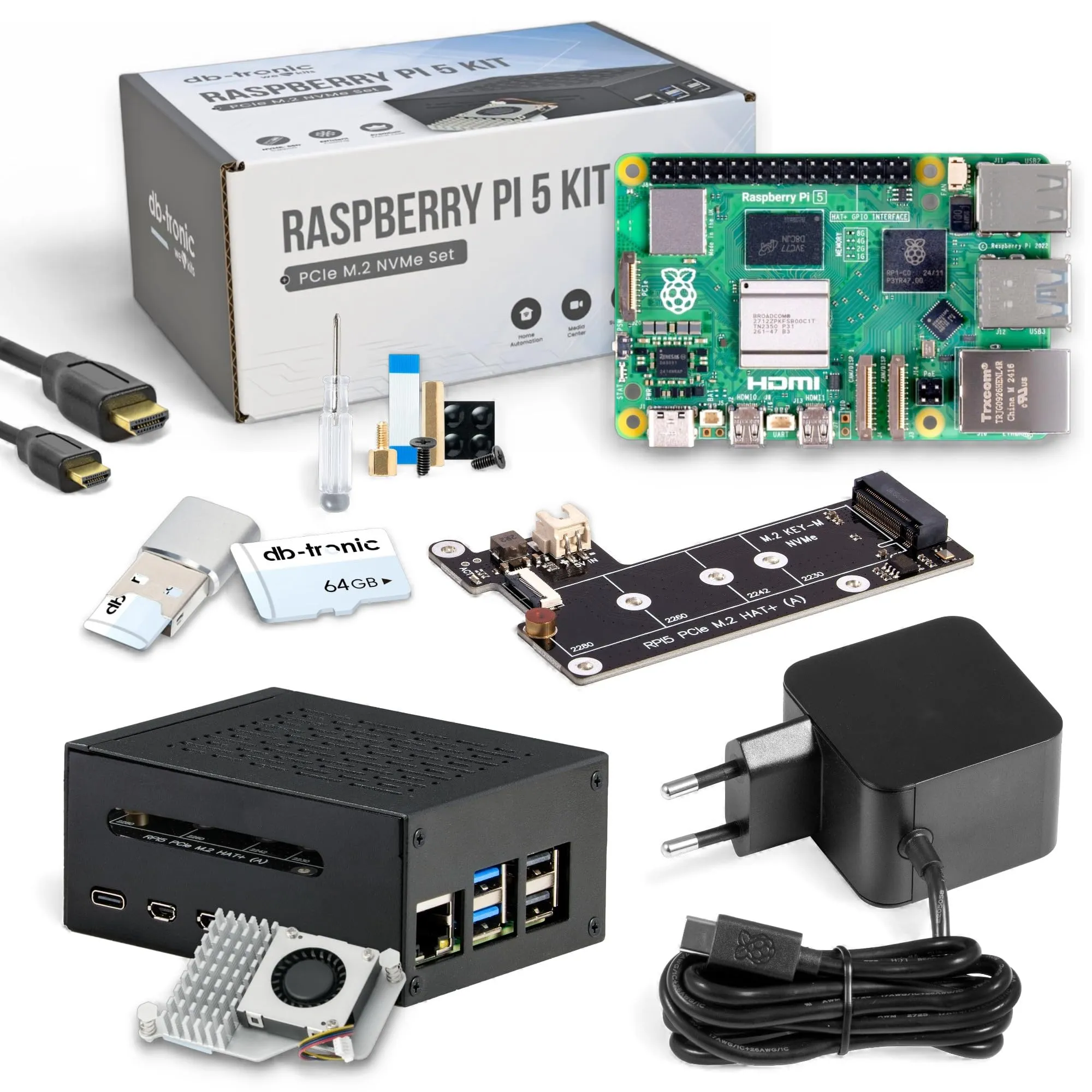 Raspberry Pi 5 8GB PCIe M.2 NVMe - Set | Custodia in metallo | Dispositivo di raffreddamento attivo | Scheda PCIe SSD M.2 NVMe | Alimentatore ufficiale da 27 W | Scheda di memoria da 64 GB