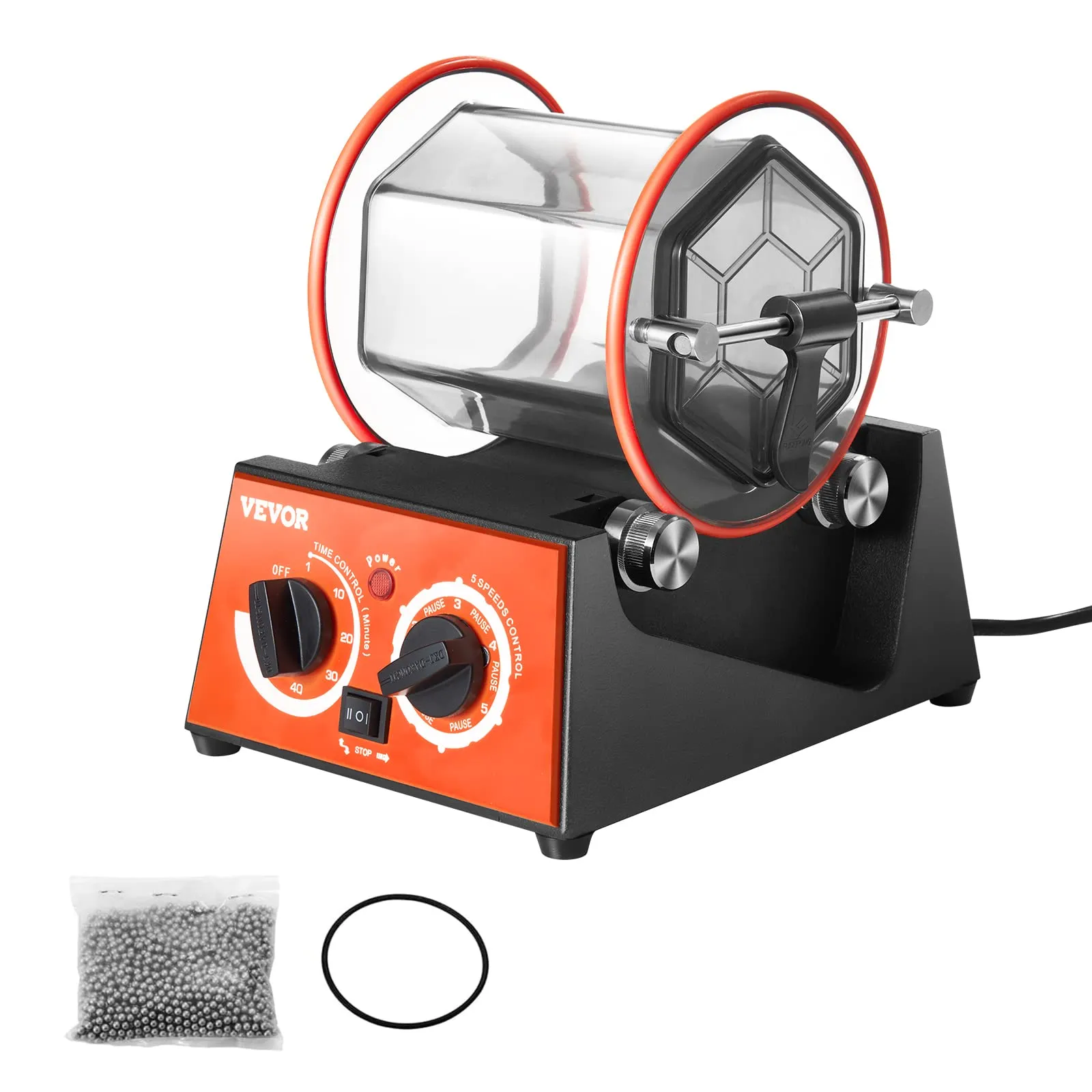 VEVOR Lucidatrice per Gioielli Metalli Buratto Rotativo Capienza Max. da 3kg per Uso Domestico Fai-da-te, Lucidatrice 230V CA / 50 Hz Potenza da 45W 5 Velocità Regolabile Buratto Trasparente da Banco