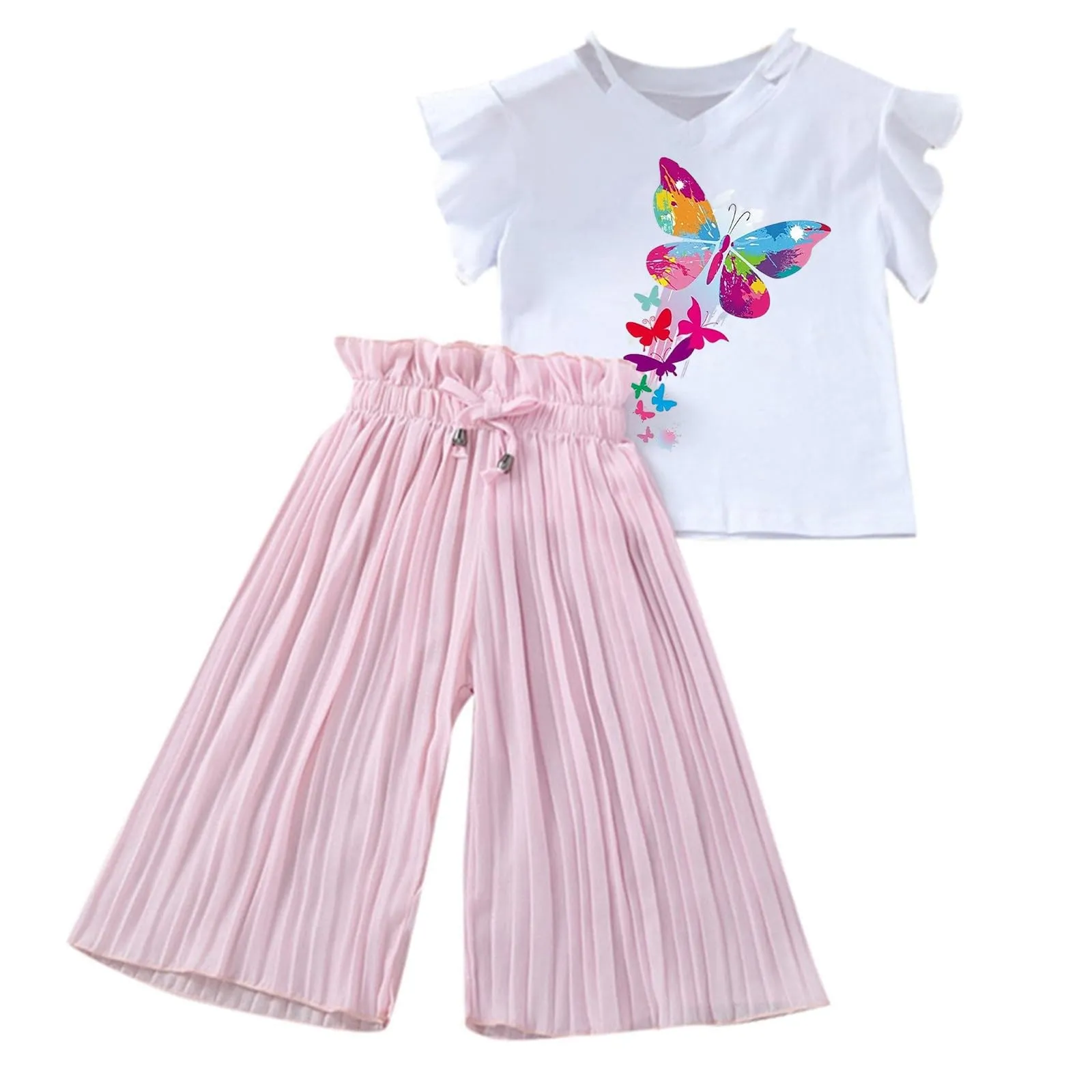 Completo Bambina 2 Pezzi,Completo Estivo Neonato Set T-shirt e Pantaloncini pantaloni casual larghi con volant Cotone Lino Maglietta Tenere Simpatiche Fantasie per bambini di 5-14 anni