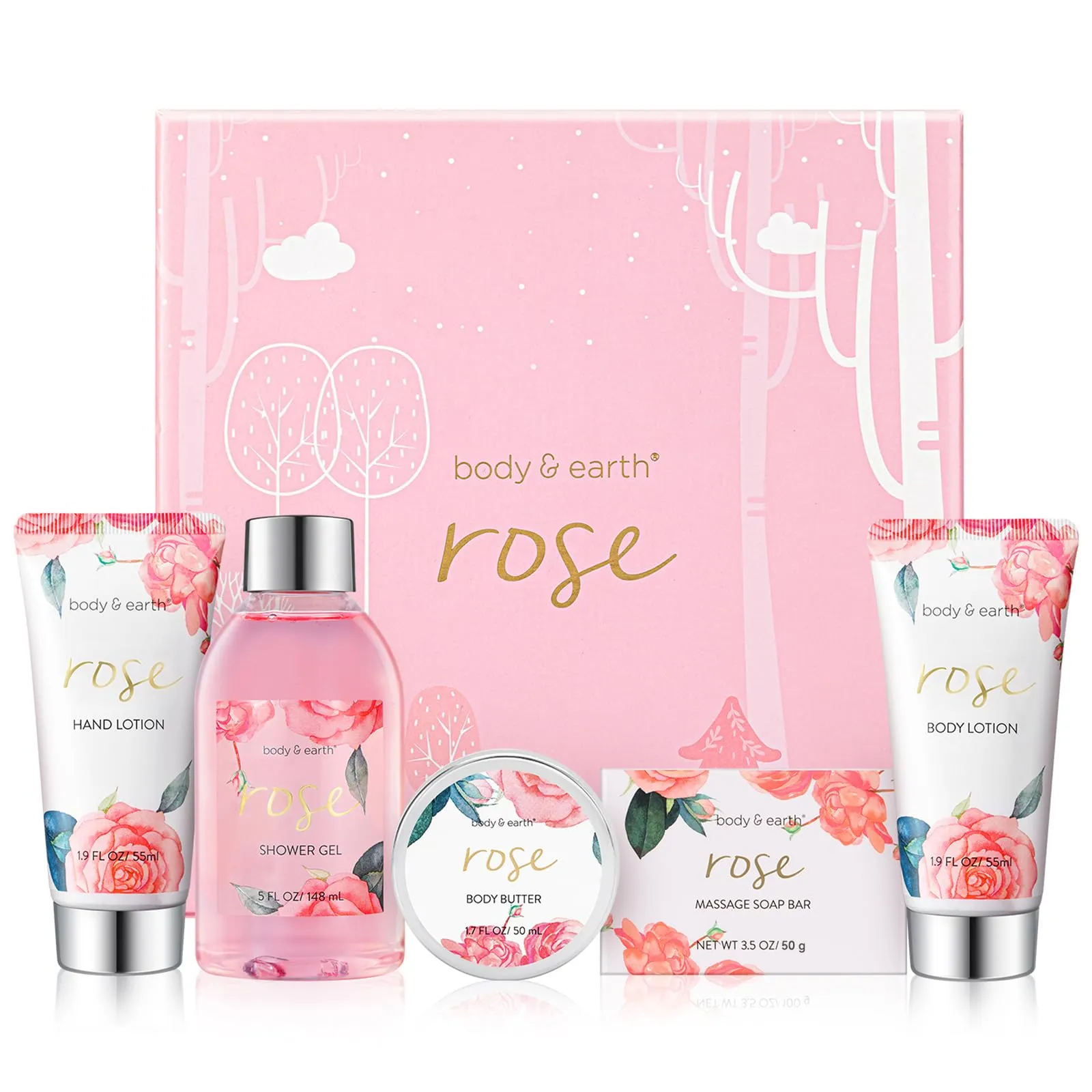 BODY & EARTH Confezione regalo per donne, 5 pezzi, rosa, gel doccia, burro per il corpo, crema per le mani, lozione per il corpo, regalo di compleanno, regalo per donne, fidanzata, regalo natale donna
