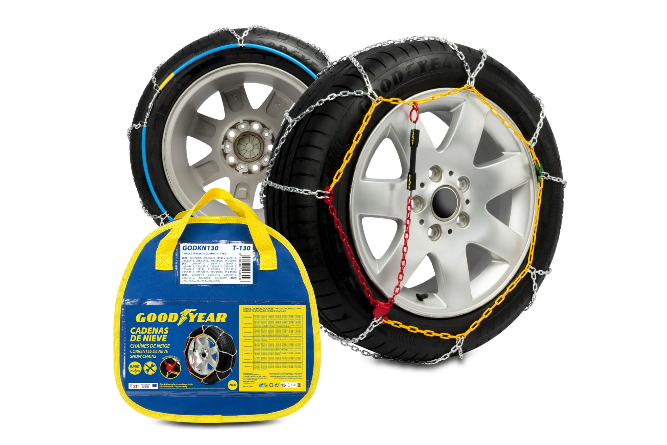 Goodyear Set di 2 catene da neve per auto da 9 mm in metallo misura 130 con tenditore automatico