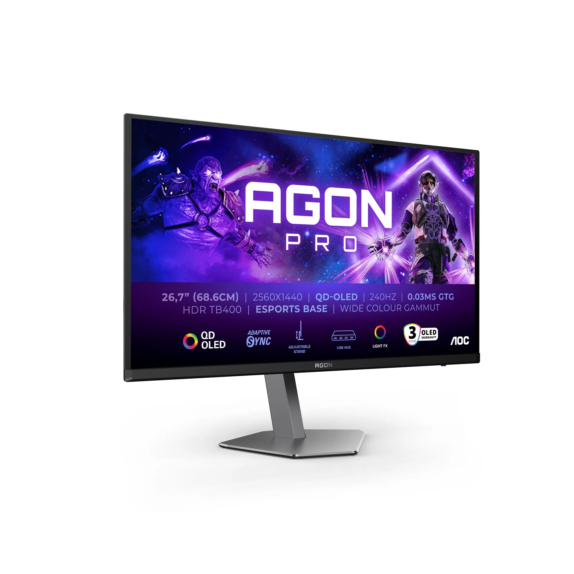 AOC Agon PRO AG276QZD Monitor da gioco OLED QHD da 2-27 pollici, 280 Hz, 0.03 ms GtG, FreeSync Premium Pro, G-Sync comp., HDR400 2560x1440, 2X HDMI 2.1, DisplayPort, USB Hub nero