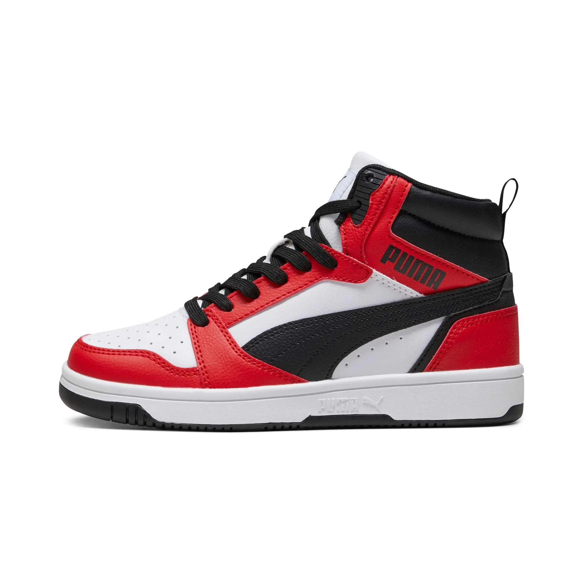 PUMA Rebound V6 Mid Jr, Scarpe da ginnastica Unisex - Bambini e ragazzi, Puma White Puma Black For All Time Red, 39 EU