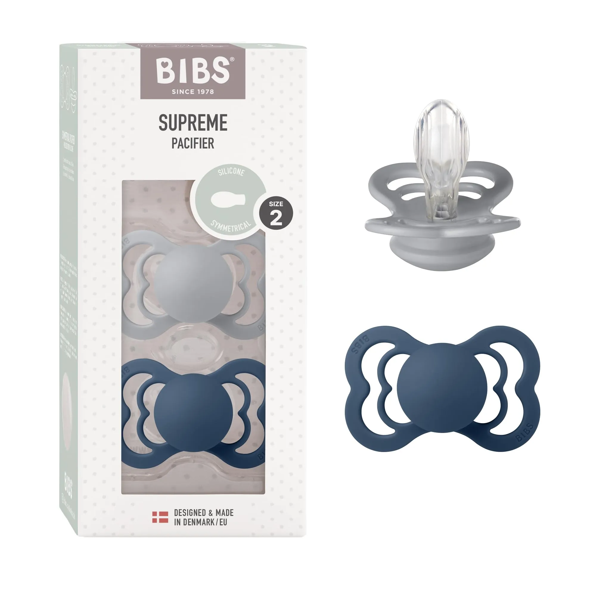 BIBS Ciuccio confezione da 2 pezzi. Privo di BPA, Tettarella simmetrica. Silicone, Prodotto in Danimarca. Taglia 2 (6-18 mesi), Cloud/Steel Blue