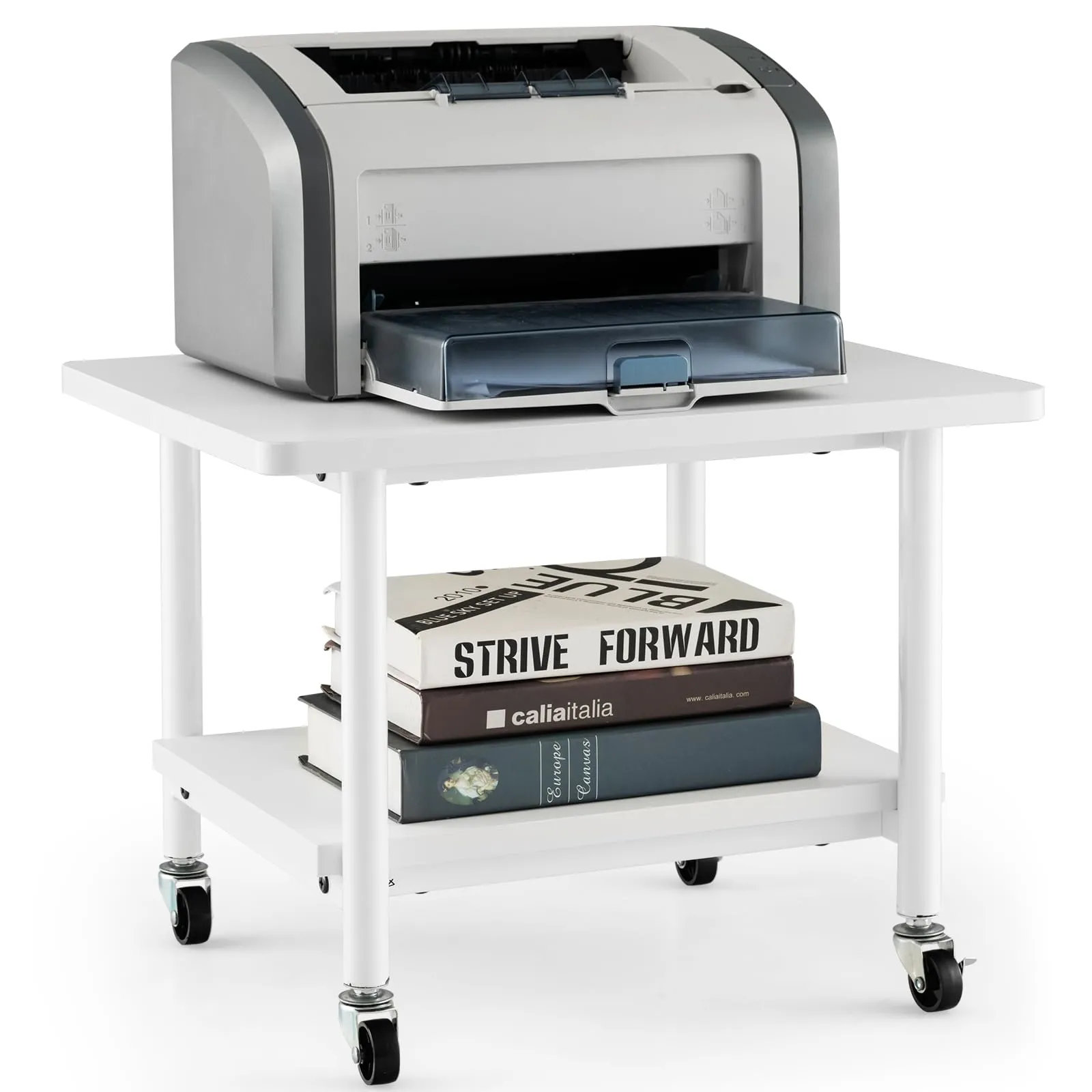 COSTWAY Supporto per Stampante, Carrello Stampante con Ruote Girevoli a 360⁰, Design Rimovibile, Superficie Ampia e Liscia, di Legno e Acciaio, 49 x 40 x 37 cm (Bianco Puro)