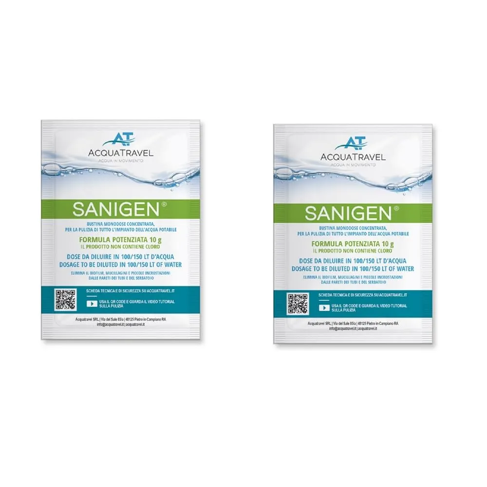 ACQUATRAVEL SANIGEN 2 pz Bustine Monodose concentrata per la Pulizia di Tutto l’impianto dell’Acqua Potabile - SANIFICANTE IGIENIZZANTE per Serbatoio Camper E Barca