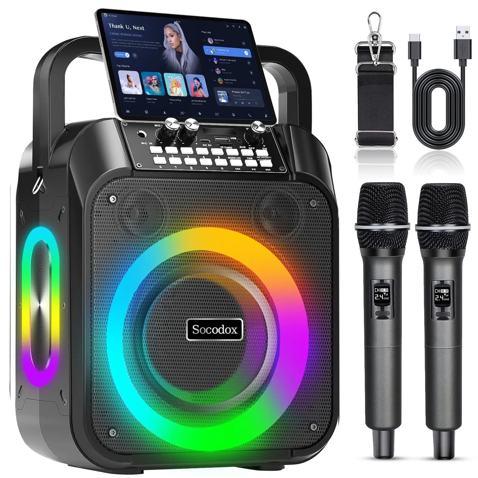 Macchina Karaoke,Altoparlante Bluetooth Portatile 60W con 2 Microfoni Wireless,Batteria 6000mAh 8H Riproduzione, Stereo TWS,Luci RGB, Sistema PA Dual Bass Boost per Adulti,Bambini,Feste,Canto,DJ
