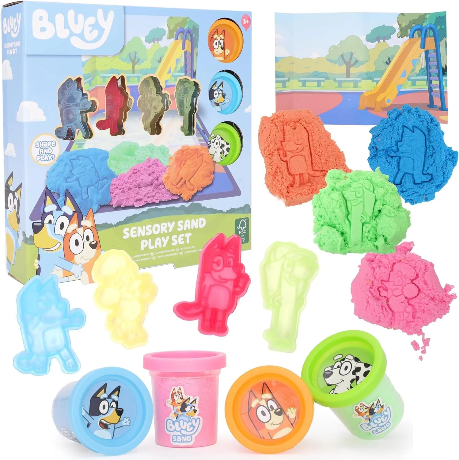 Toyland® 10 Pezzi Bluey Sensory Sand Activity Set - 4 contenitori di Sabbia, 4 stampi per Personaggi, 1 Tappetino da Gioco cancellabile e 1 Scena di Carte - Giocattoli per Arti e Mestieri