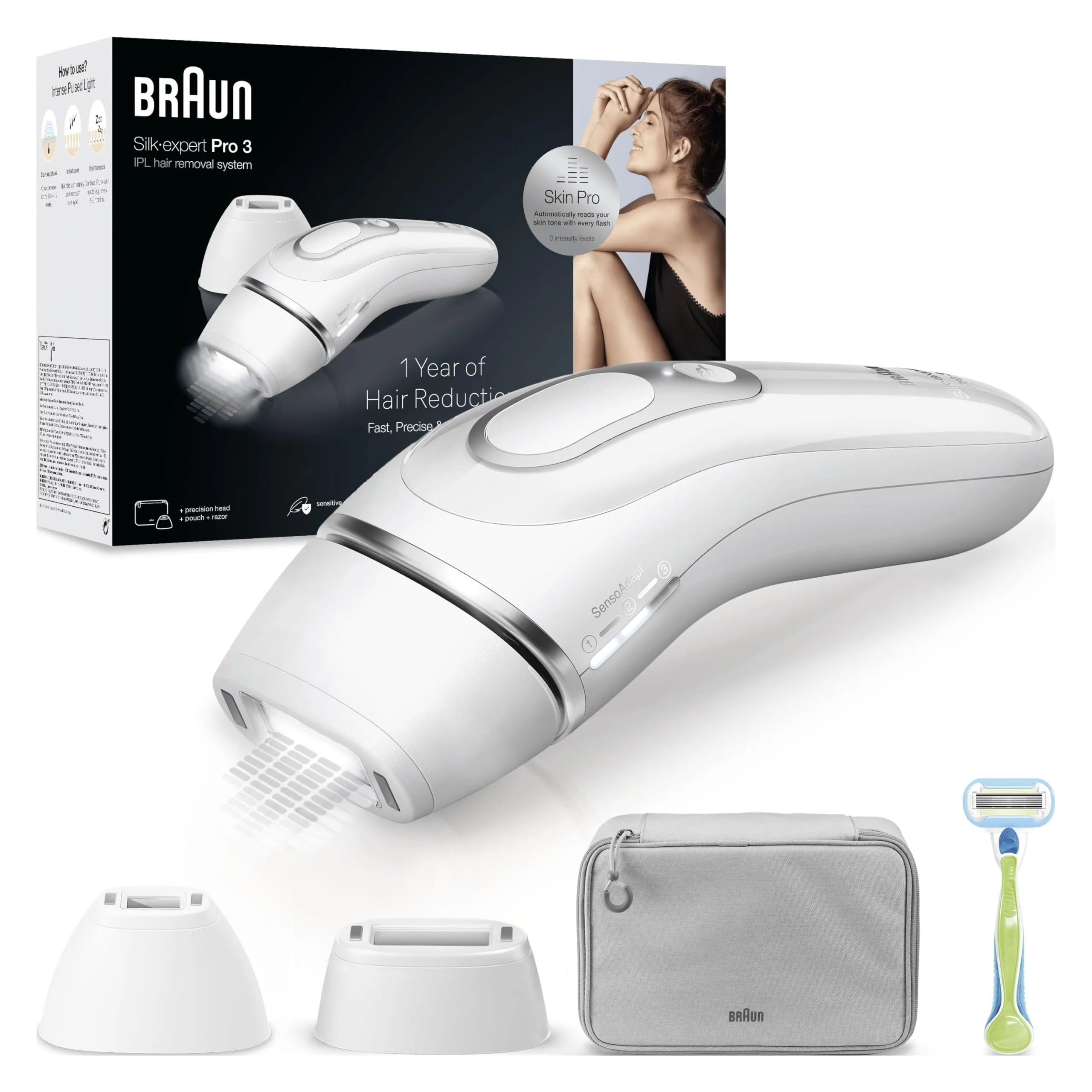 Braun Silk·expert Pro 3 Epilatore Luce Pulsata, Depilatore Corpo Donna, Alternativa All’Epilazione Laser Peli Donna, Epilazione a Casa, Con Custodia, Rasoio Venus, 2 Testine, Idea Regalo, PL3122