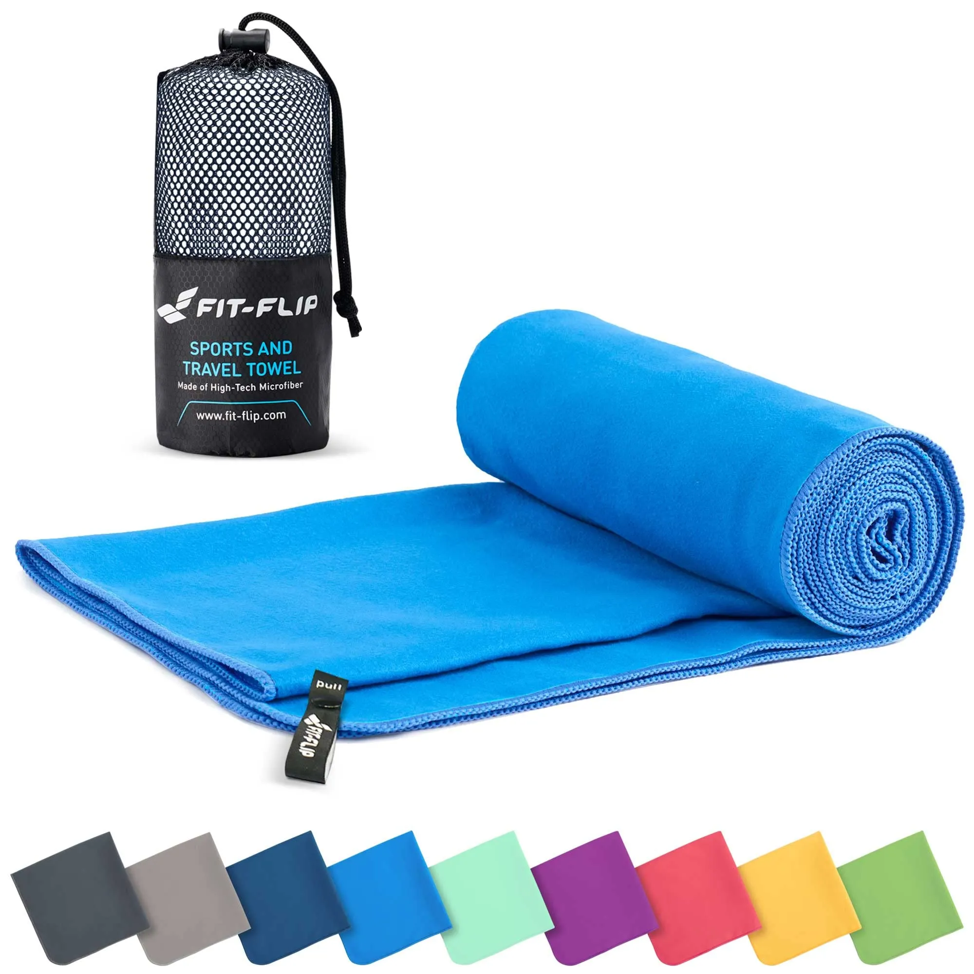 Fit-Flip Asciugamano microfibra - asciugamano palestra compatto e ultraleggero - asciugamani microfibra - il perfetto telo mare microfibra grande - per viaggio e sport (90x180cm blu)