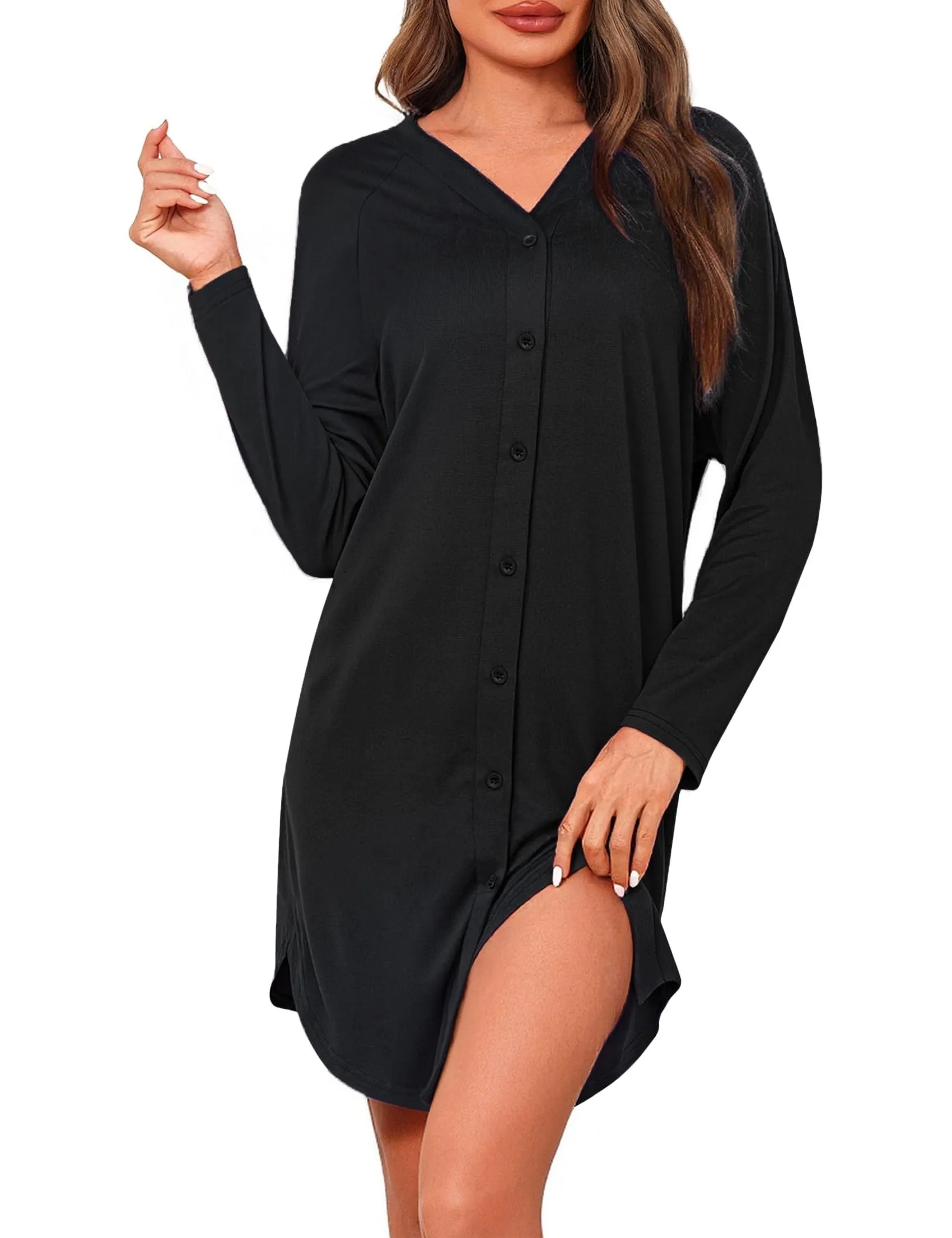 Crewhpo Camicia da Notte Donna Premaman Cotone Camicia da Notte Parto Ospedale con Bottoni Pigiama Donna maternità Manica Lunga Sciolto Confortevole Nero S