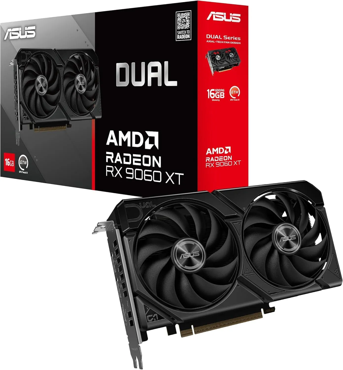 ASUS Dual AMD Radeon RX 9060 XT, Scheda Grafica 16G GDDR6, 128 Bit, PCIe 5.0, 1 HDMI 2.1, 2 DisplayPort 2.1, Ventole Axial-Tech, Tecnologia 0db, GPU Tweak III, Nero, DUAL-RX9060XT-16G