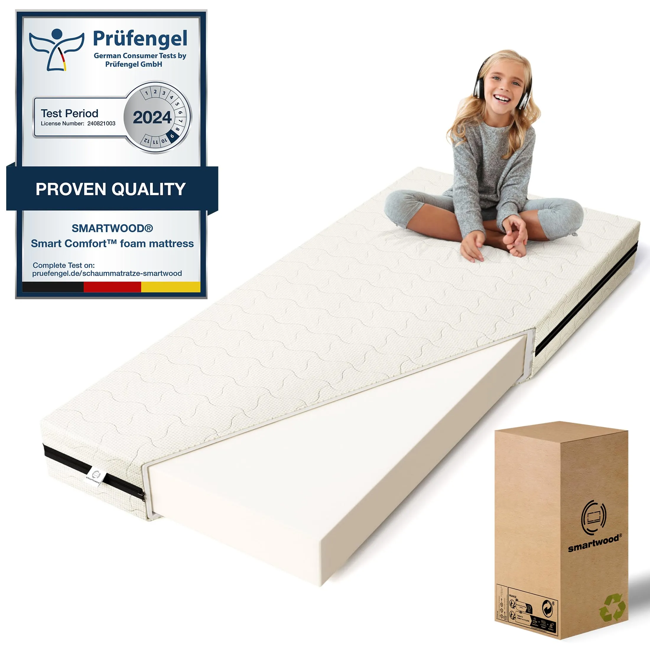 smartwood Materasso 80x160 Bambini 12cm Singolo - Schiuma H2 Certificato Oeko-TEX – Reversibile – Rivestimento Lavabile Anti-allergico e Traspirante | Made in EU