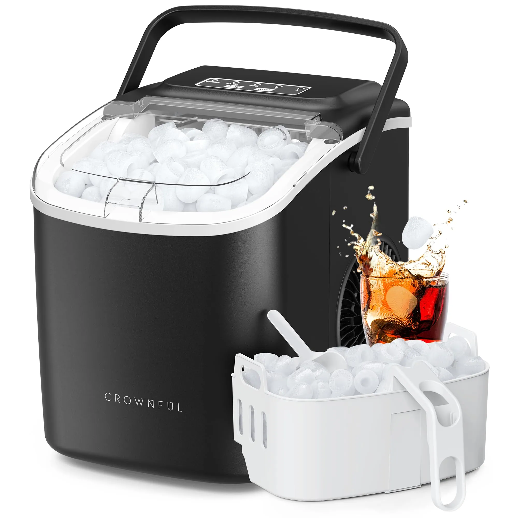 CROWNFUL Macchina per Cubetti di Ghiaccio, Portatile 9 cubetti pronti in 6 minuti, macchina per ghiaccio autopulente, 12 kg/24 ore, ideale per casa, cucina, ufficio, bar, festa (nero)