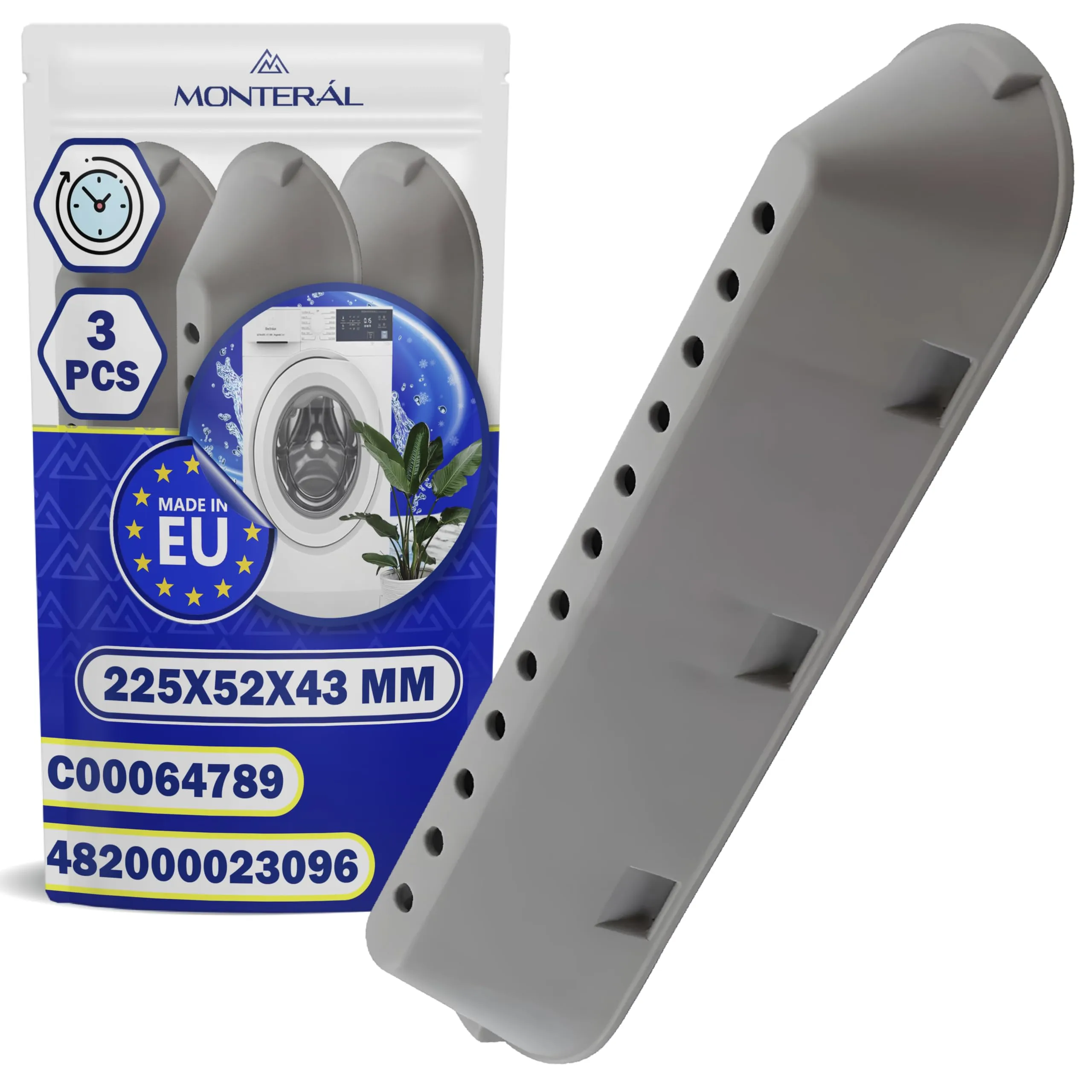 3 Pezzi Palette Lavatrice per Tamburo 225x52x43 mm Codice Originale 482000023096 per Whirlpool C00064789 C00268109 C00533119 per Indesit per Ariston - MADE IN EU - Garanzia di 10 Anni - MONTERAL