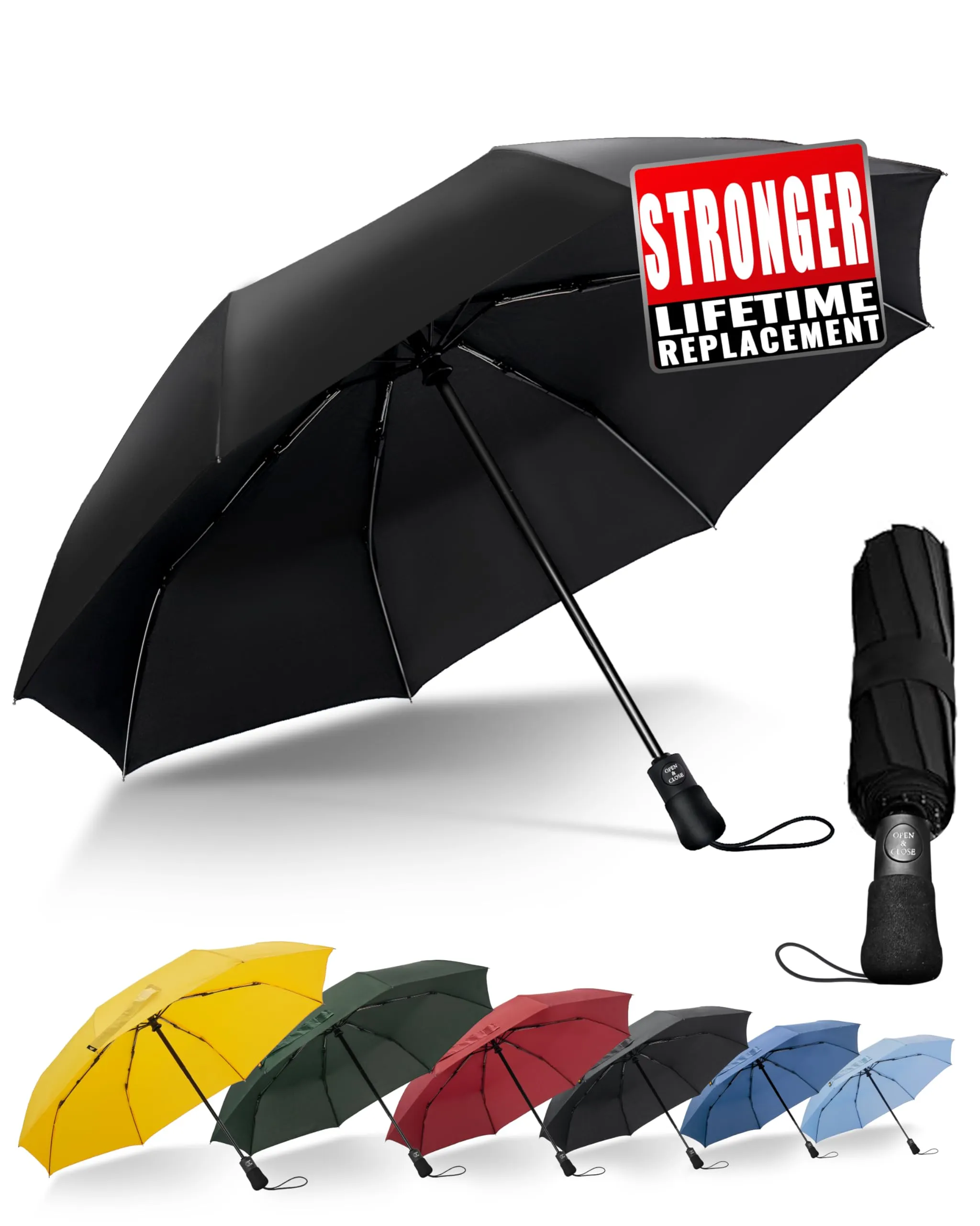 Chakipee Ombrello Pieghevole Pioggia da Viaggio Antivento - Ombrelli Portatile Nero per Uomo Automatico Apri Chiudi, Rivestimento in 210T Apertura 97 cm 8 ossa