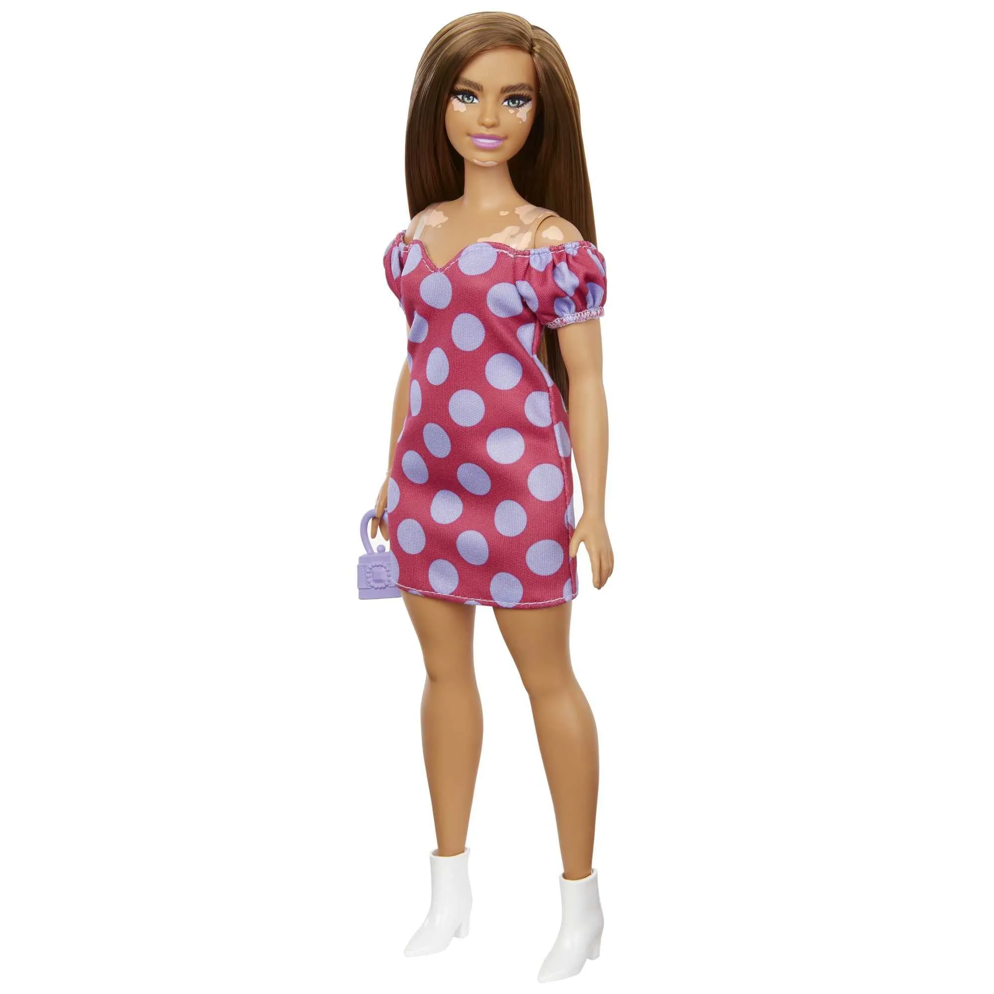 Barbie- Bambola Fashionista Castana con Vitiligine, Vestitino a Pois e Accessori, Giocattolo per Bambini 3+Anni, GRB62