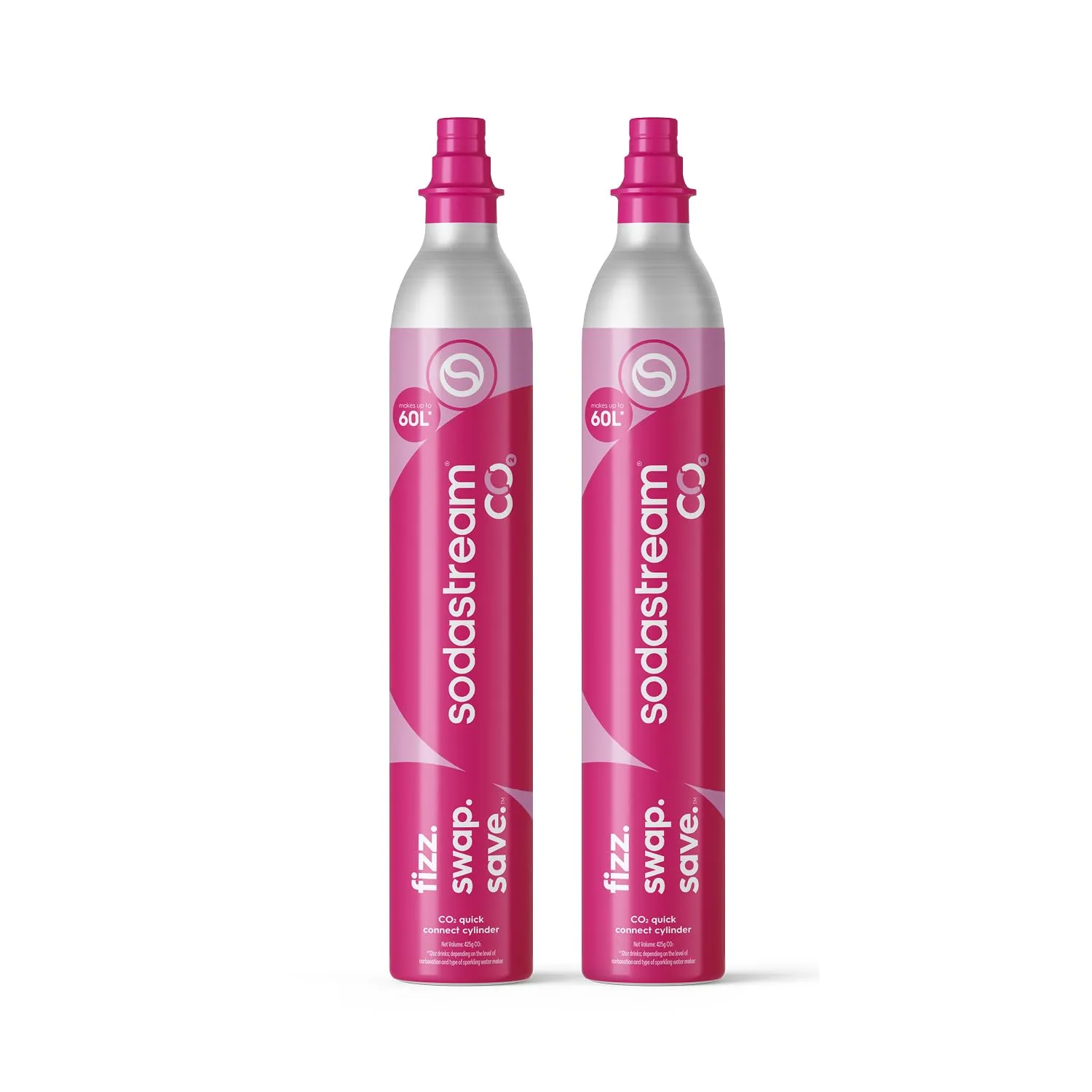 SodaStream - 2 bombole di CO2 per acqua frizzante, sistema a gas Quick Connect, rende 60 litri di bevande gassate, compatibile con Terra, Duo e Art, riduce i rifiuti di plastica, rosa